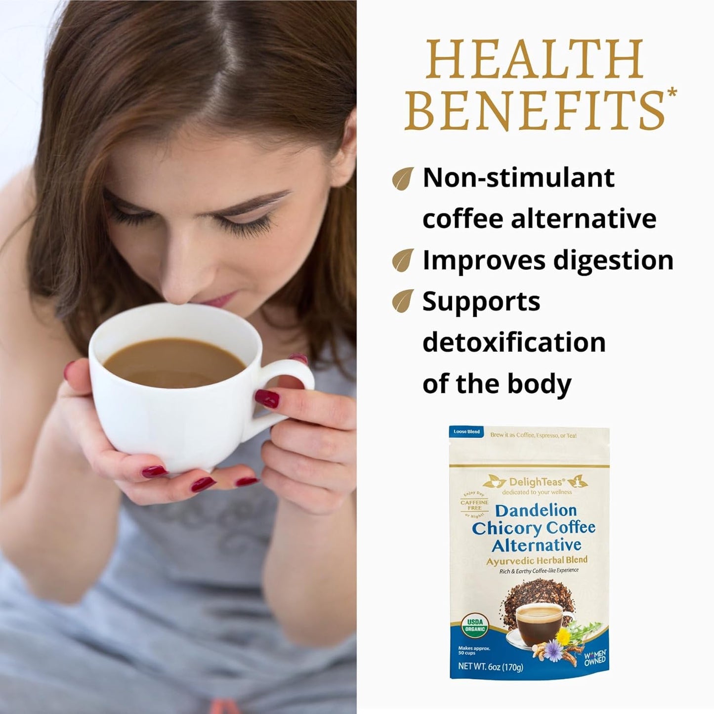 DelighTeas Organic Coffee Alternative | Ayurvedic Herbal Chicory Dandelion Coffee | Coffee Substitute | USDA Organic, Caffeine Free, Gluten Free | With Sweet Notes of Carob | 50 servings, 6oz.
