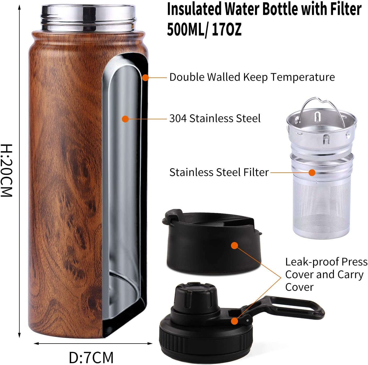 Sivaphe Tea Infuser Bottle With Removable Loose Leaf Tea Strainer, 18/8 Stainless Steel Insulated Travel Tumbler Festival Gift(Wood Grain)