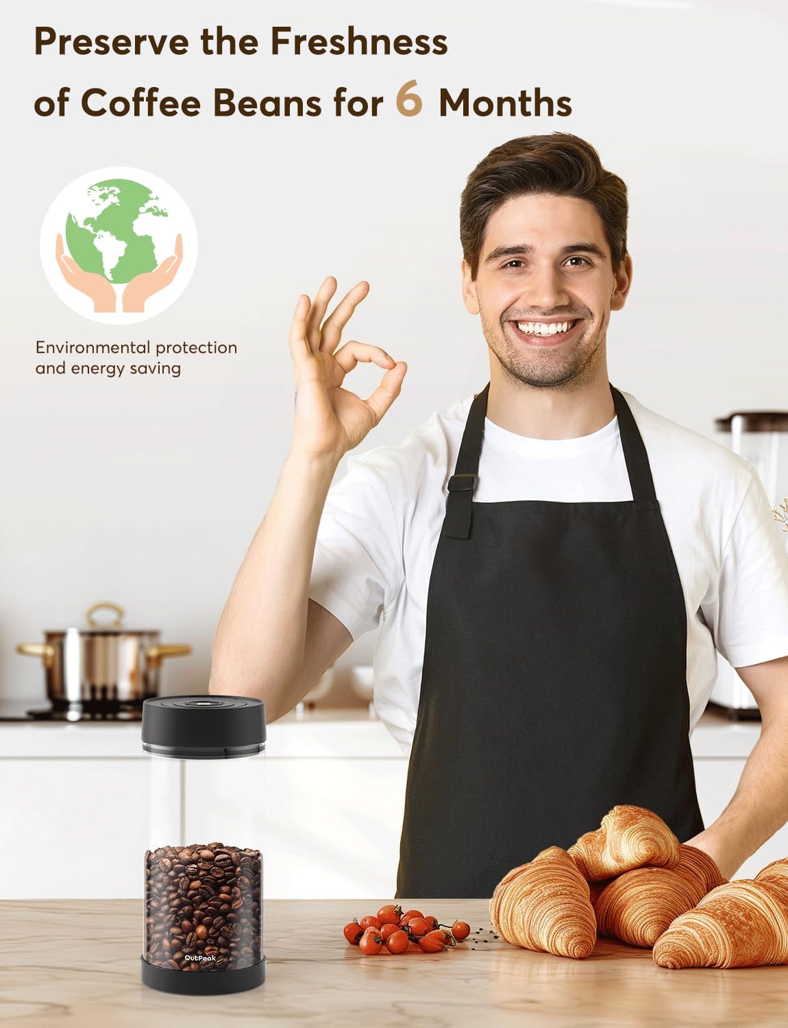 OUTPEAK Neo 2025 Automatic Vacuum Coffee Canister, 1.35L for 17.6oz Coffee Beans, One-Button Operation,Large Airtight Coffee Canister with Scoop,Coffee Storage Container Clear Glass(Champion's Choice)