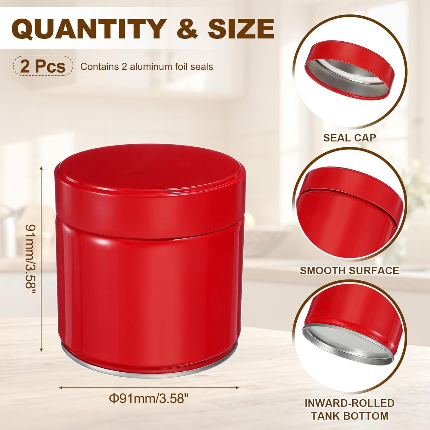 uxcell 2Pcs Round Tea Canisters, 4" x 4" Airtight Metal Tea Containers for Loose Tea, Coffee Beans, Spices - Durable, Compact, and Stylish Storage Tea Tin (Red)