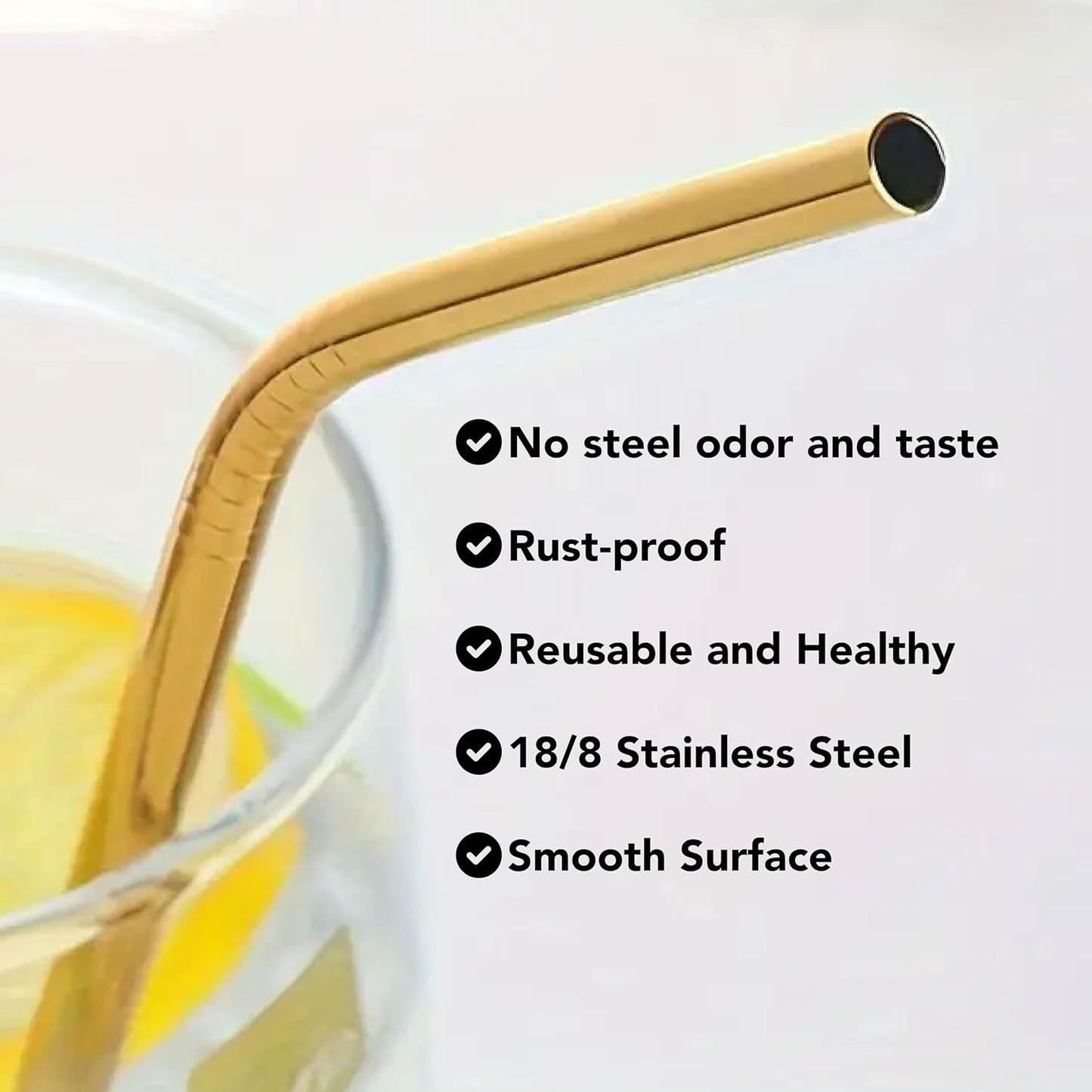 Gold stainless steel Reusable Straws-8.5" Set for smoothies, Juices &Coffee - 6-pack with Cleaning brush - Eco-Freiendly, Durable & Elegant Design