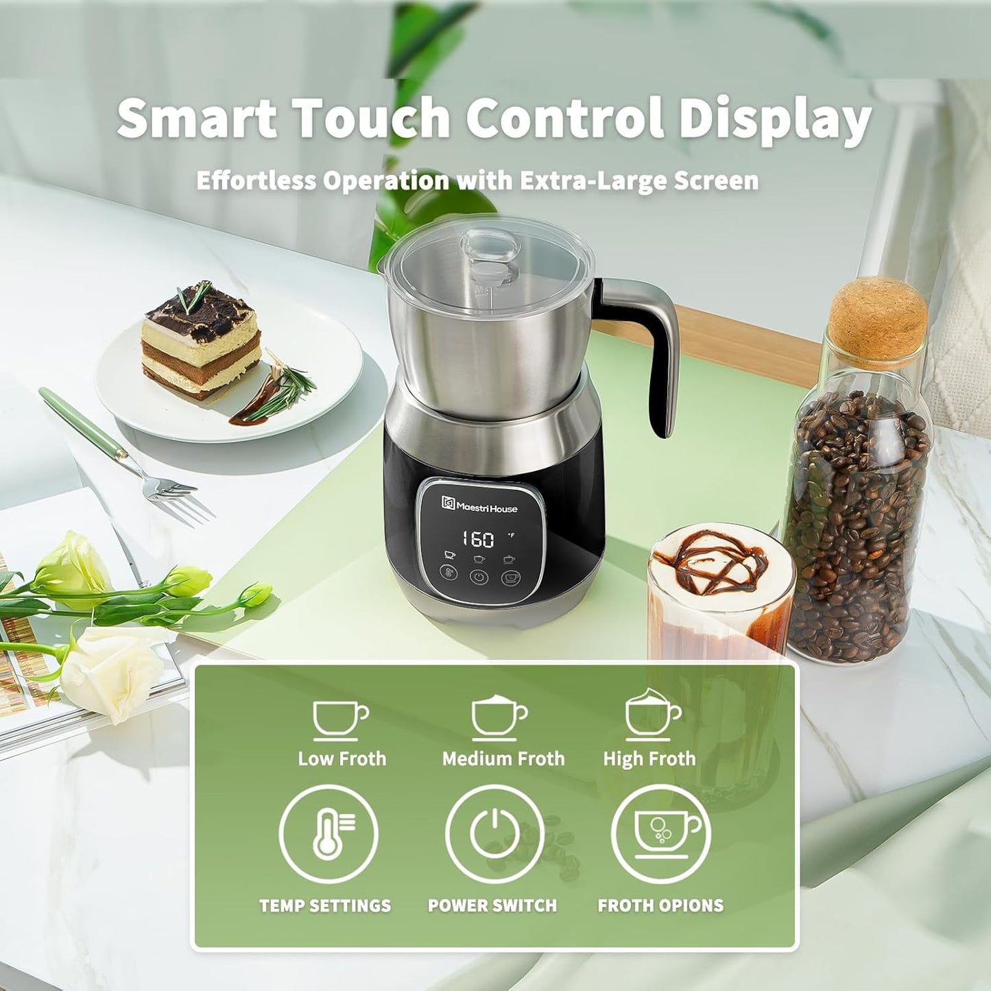 Maestri House Milk Frother, Variable Temp and Froth Thickness DualFro 600 Milk Frother Steamer, 21OZ Smart Touch Control Milk Warmer, Dishwasher Safe, Memory Function for Latte&Hot Chocolate (Black)