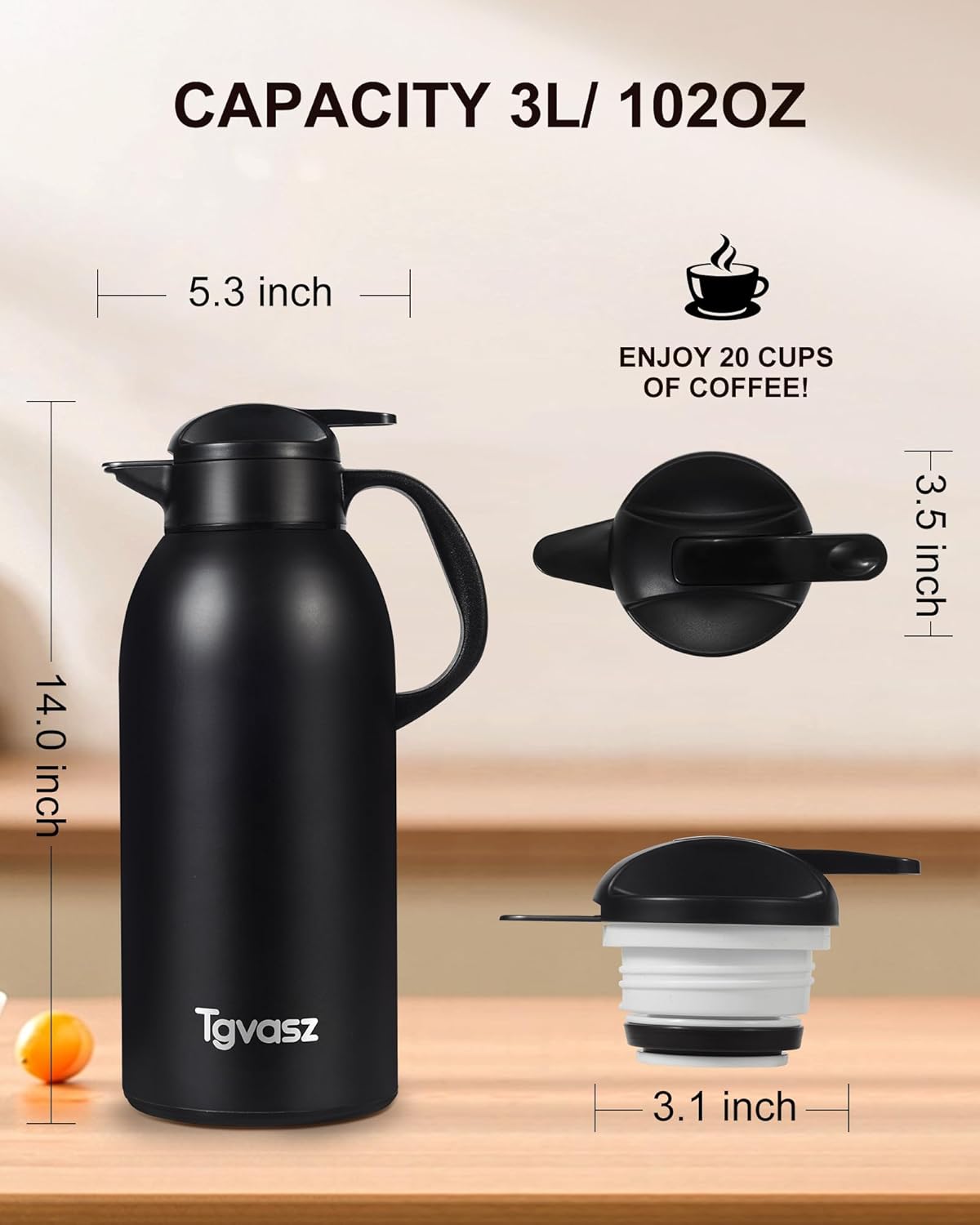 2 PCS Thermal Coffee Carafe 101 oz / 3L - Up to 24 Hours Hot, Insulated Stainless Steel Aipot for Hot Liquids, Coffee Carafes For Keeping Hot Coffee for Parties -Large Tea Carafe Flask(Black+Black)