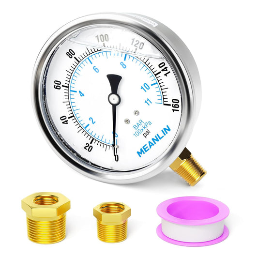 MEANLIN MEASURE 0~160Psi Stainless Steel 1/4" NPT 4" FACE DIAL Liquid Filled Pressure Gauge WOG Water Oil Air Lower Mount, with 1/4" x 1/2" NPT and 1/4" x 3/8" NPT Hex Bushing