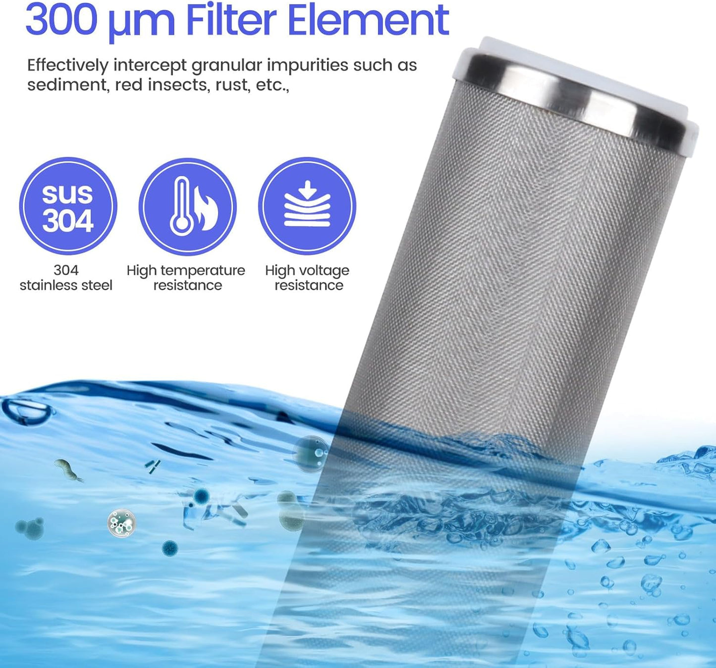 Amwater Stainless Steel Cleanable Wire Mesh Filter Cartridge 10”Length,2.5"OD(300 Micron)