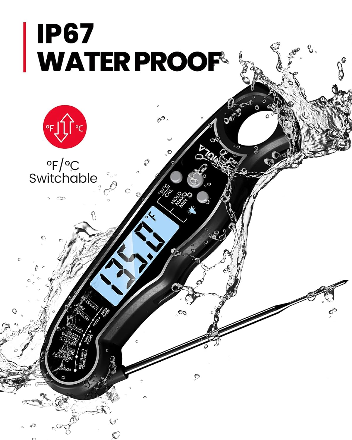 TEMOLA Meat Thermometer, Instant Read Food Thermometer with LCD Backlight Calibration, Waterproof Ultra Fast Digital Cooking Thermometer for Candy Deep Fry Liquids Beef Kitchen Baking Smoker Grill BBQ