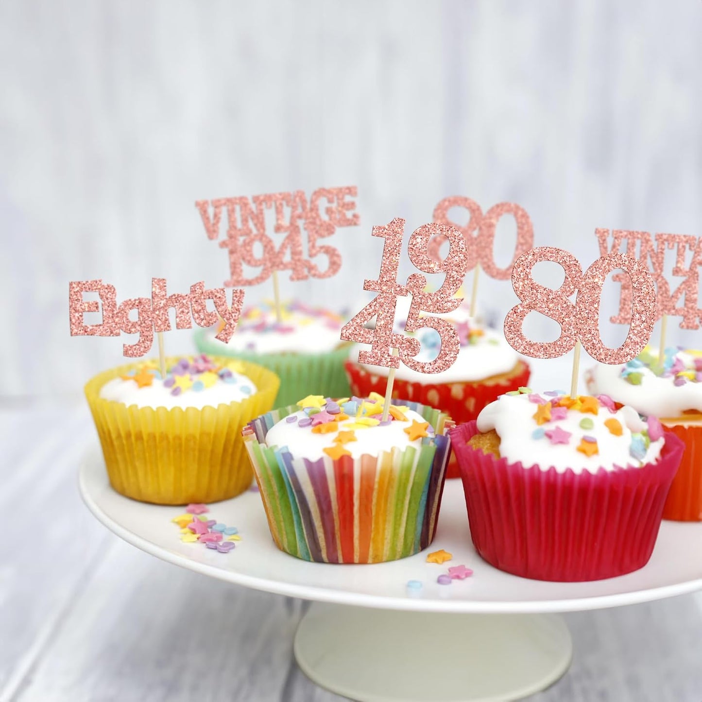 Gyufise 24Pcs 80th Birthday Cupcake Toppers Glitter Cheers to 80 Fabulous Eighty Vintage 1945 Cupcake Picks 80th Birthday Wedding Anniversary Party Cake Decorations Supplies Rose Gold