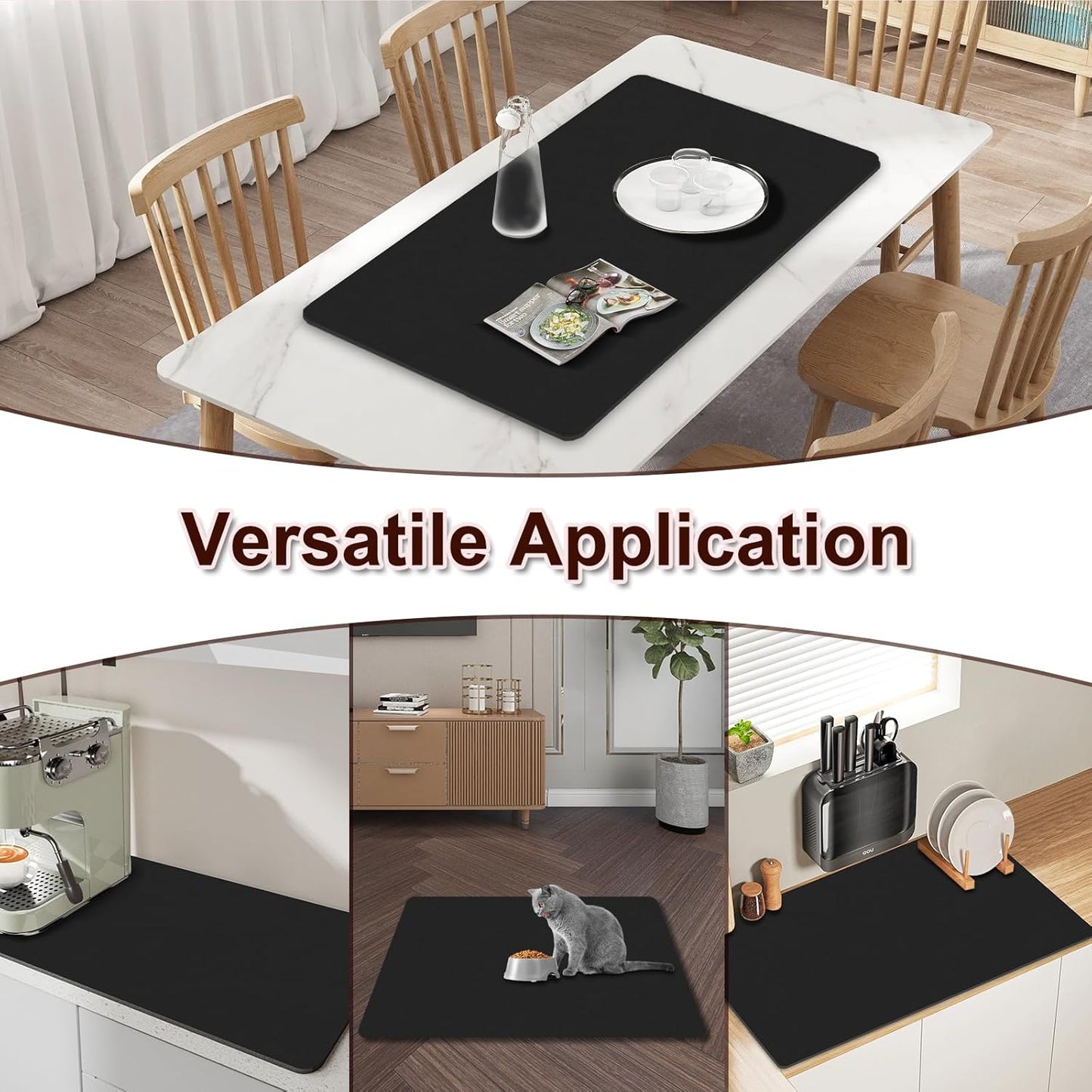 Dish Drying Mat for Kitchen, 15.7’’ X 17.7’’ Coffee Bar Mats for Countertop Fit Under Coffee Maker, Hide Stain Rubber Backed Espresso Machine Absorbent Drying Pad, Black