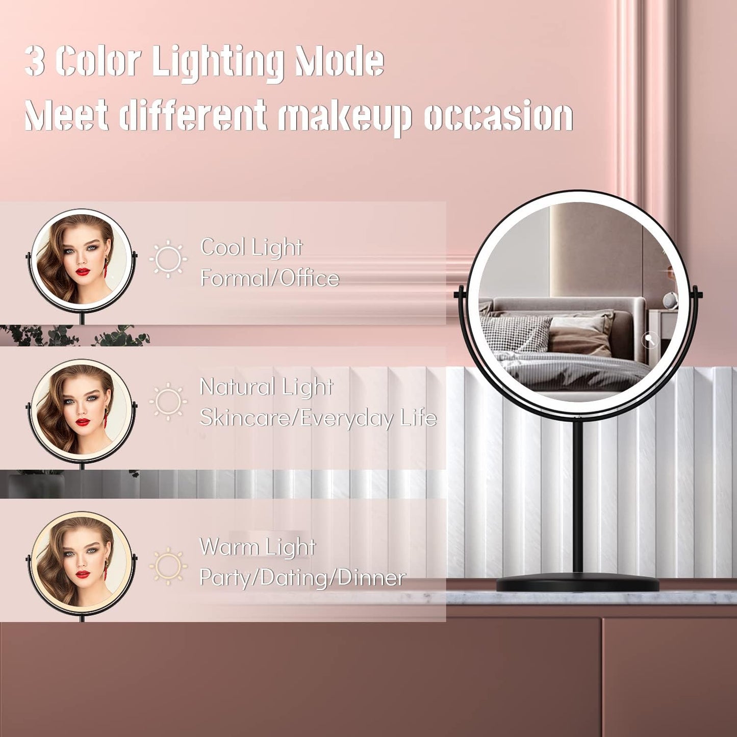 8” Lighted Makeup Mirror, 1X 10X Magnifying Mirror with Light, Double Sided Vanity Mirror with Lights, 3 Color LED Dimmable 2000mAh Rechargeable Black