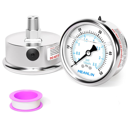 MEANLIN MEASURE 0~50Psi Liquid Filled Pressure Gauge Stainless Steel with 316 Stainless Steel Joint 1/4" NPT 2.5" FACE DIAL for Pool Sand Filter Water Oil Air Pressure Test Center Back Mount