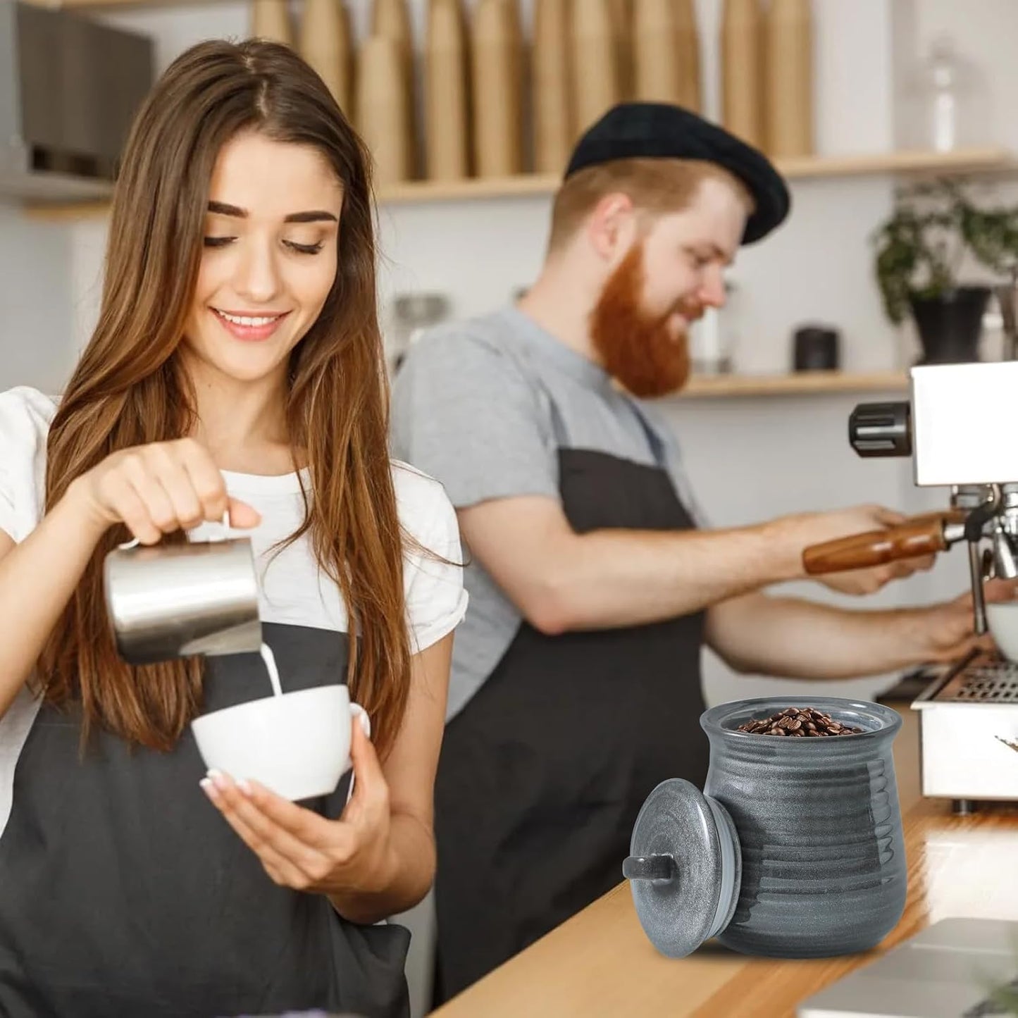 Hasense Food Storage Contaister with Lid, Ceramic Airtight Sugar Canister for Kitchen, Small Coffee Cookie Jar for Grounds Coffee, Beans, Tea, Flour, Cereal, 30 FL OZ(Grey)