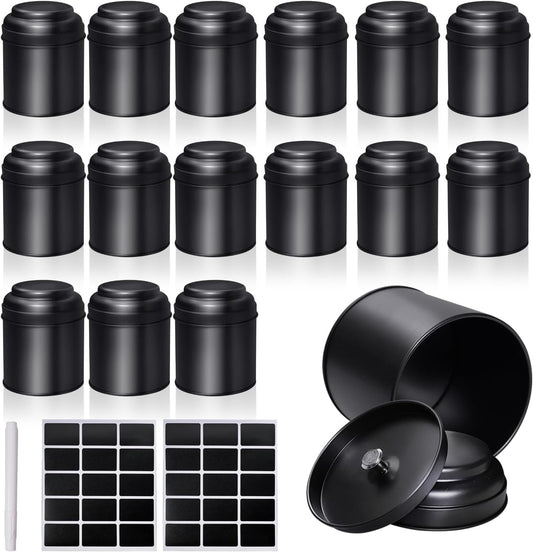 15 Pieces Tea Canisters 8 oz Round Tin Can Containers with Sealed Double Lids for Loose Leaf Tea,Coffee, Sugar, Candy, Spices Storage(Black)