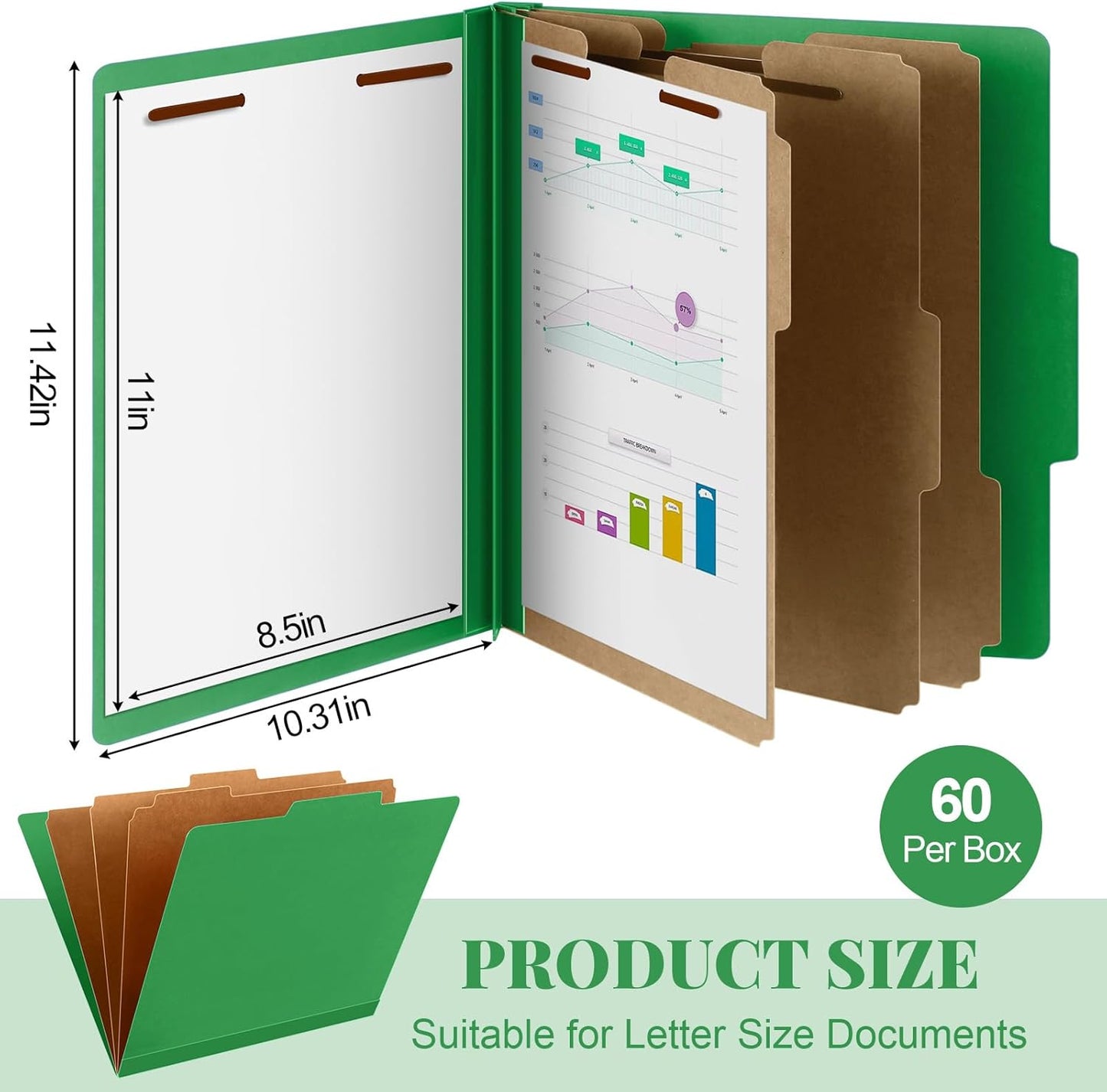 60 Pcs Classification Folders Letter Size, Back to School Supply for Teacher, Student, 3 Dividers Pressboard File Folder Bulk with 2 Fasteners, 3.5 Inch Expanding File Organizer (Green)