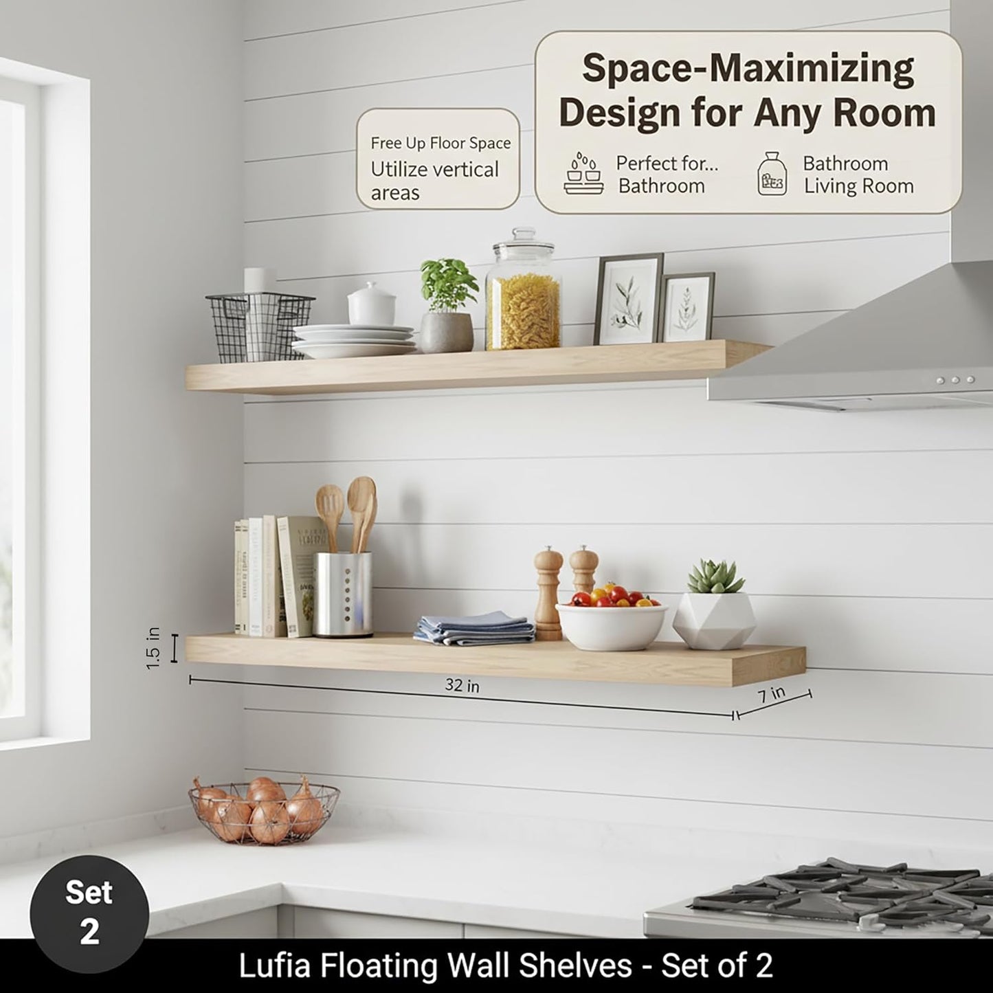 Lufia Floating Wall Shelves, Set of 2, MDF with Invisible Brackets, Modern Storage for Bedroom, Bathroom, Living Room, Kitchen (Oak, 32" W X 7" D X 1.5" H)