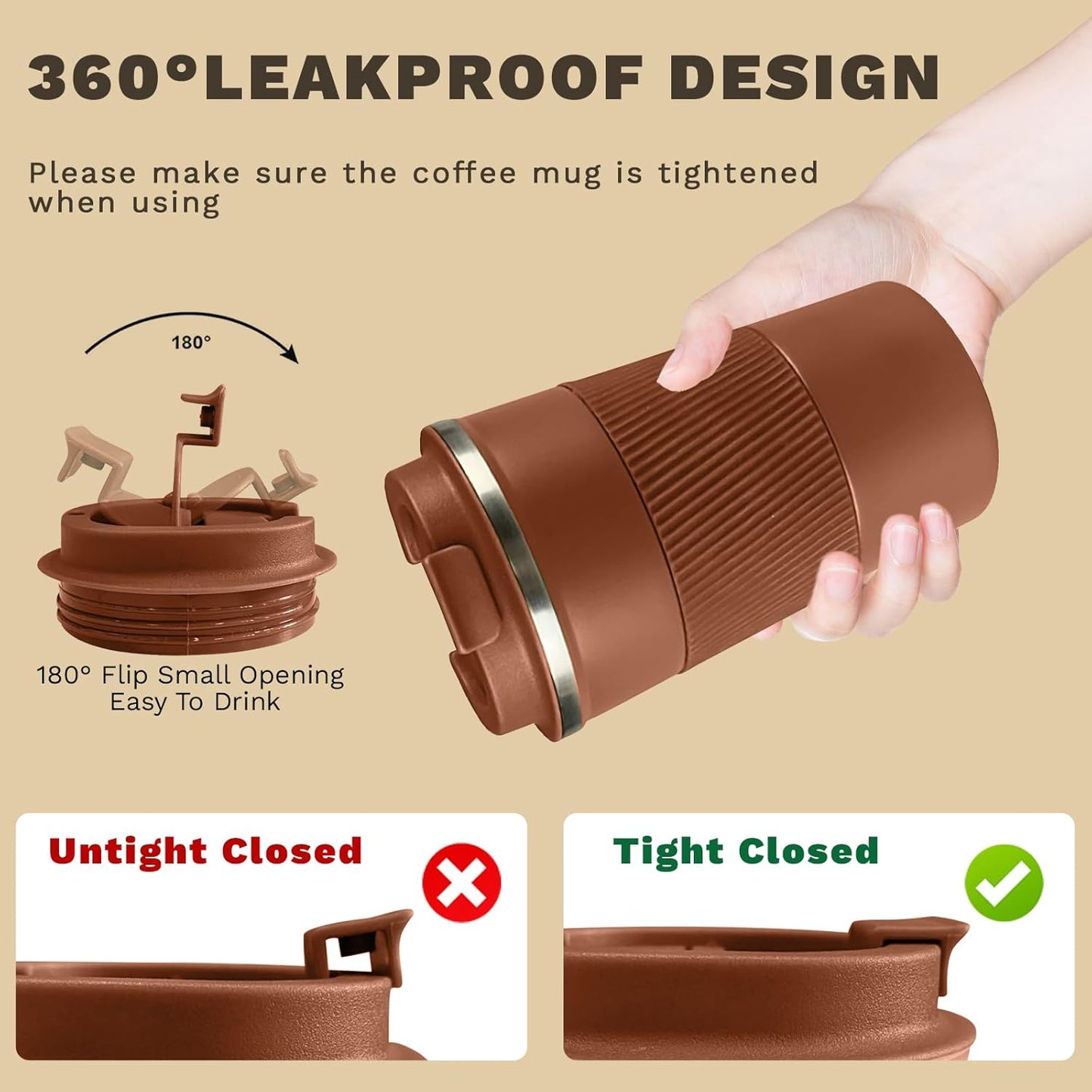 Vacuum-Insulated Stainless Steel Travel Coffee Mug, Leak-Proof Reusable Coffee Cup with Lid - Keep Hot & Cold Drinks for Hours, Durable Thermos Tumbler for Men & Women (3rd-Light Coffee, 12OZ)