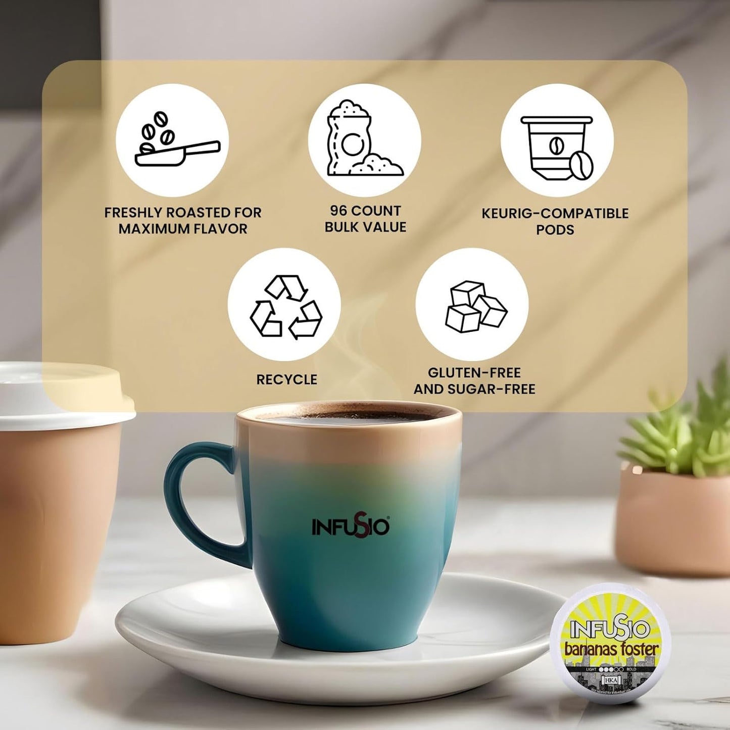 InfuSio Coffee Pods 96 Count - Bananas Foster Coffee, Medium Roast Flavored Single Serve Pods for Keurig K Cups Brewers - InfuSio Premium Roasted Keurig 2.0 Compatible