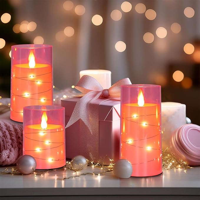 Aignis Flickering Flameless Candles Battery Operated Candles LED Candles with Remote Timer for Home/Wedding/Birthday/Holiday Decor, Cherry Blossom Pink 3D Flame Set of 3 (D3 xH4 5" 6")