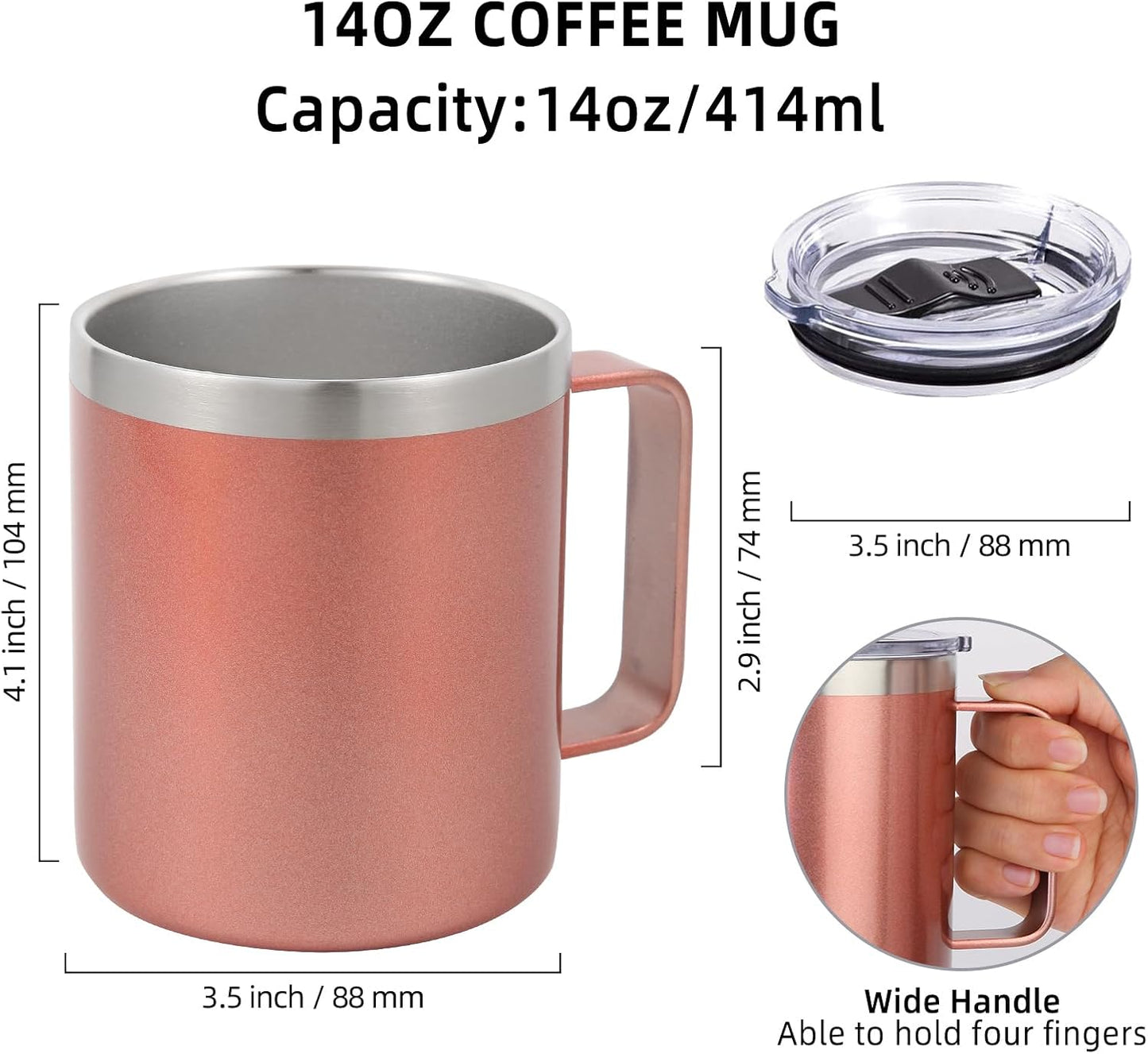 Volhoply 14oz Insulated Stainless Steel Coffee Mug with Lid Bulk 2 Pack,Double Wall Vacuum Travel Coffee Cup with Handle,Reusable Cups Tumbler,Camping Mugs Keep Hot,Ideal Gifts(Rose Gold,2)