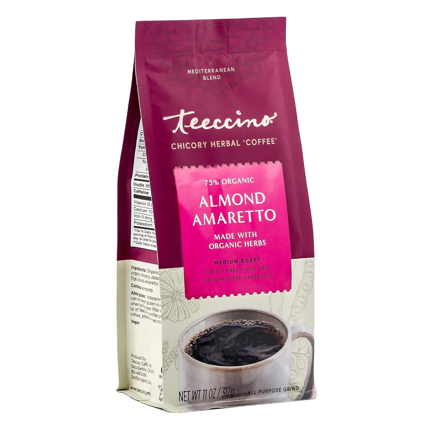 Teeccino Almond Amaretto Chicory Coffee Alternative - 11 Ounce - Ground Herbal Coffee That’s Prebiotic, Caffeine Free & Acid Free, Medium Roast