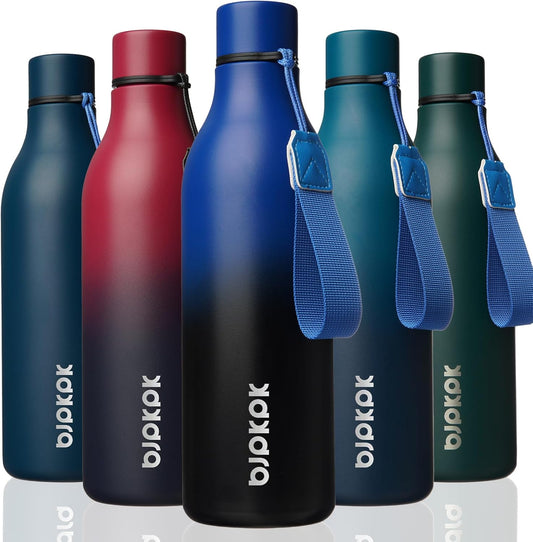 BJPKPK Insulated Water Bottles, 25 oz Stainless Steel Metal Water Bottle with Strap, BPA Free Leak Proof Thermos, Mugs, Flasks, Reusable Water Bottle for Sports & Travel, Blue Black