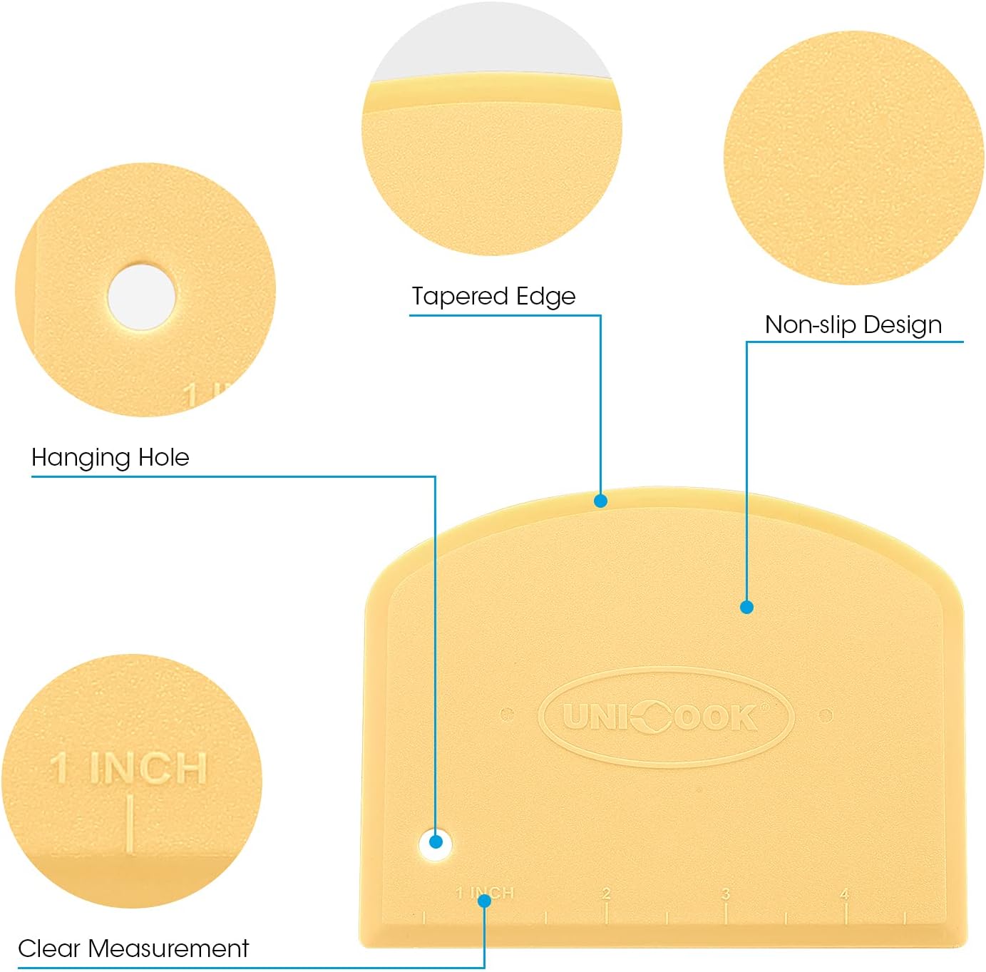 Unicook Dough Scraper, Flexible Bowl Scraper, Pastry Cutter with Measuring Scale, Nonslip Pizza Chopper, Multipurpose Baking Tool for Pizza/Dough/Cake, Easy to Clean, 2 Pack