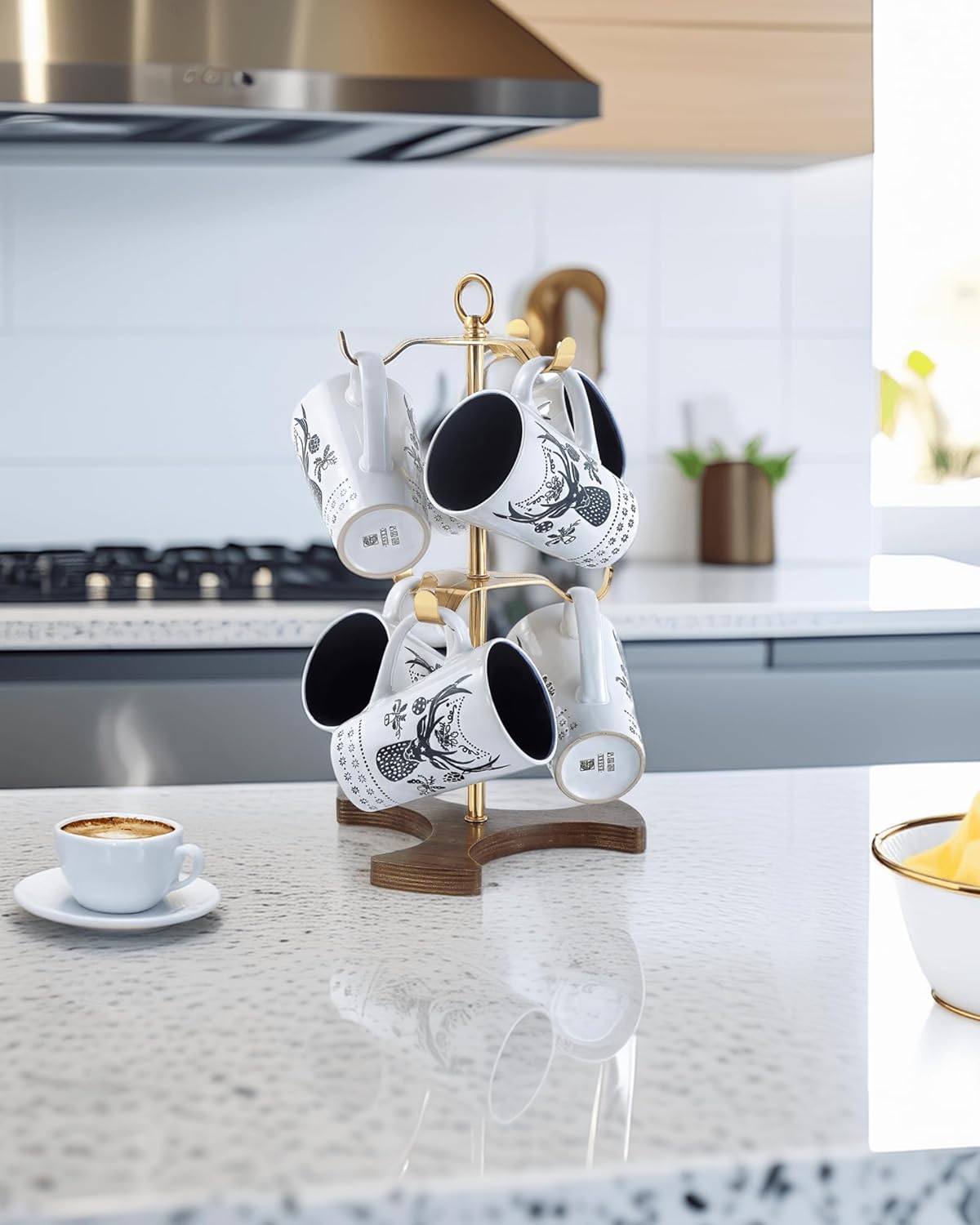 Gold Mug Holder Tree for Countertop | 2-Tier Coffee Mug Rack Holds 6 Large Mugs, 5oz to 20oz | Elegant Golden Cup Stand with Solid Wood Base | Kitchen Counter Organizer & Coffee Bar Accessories