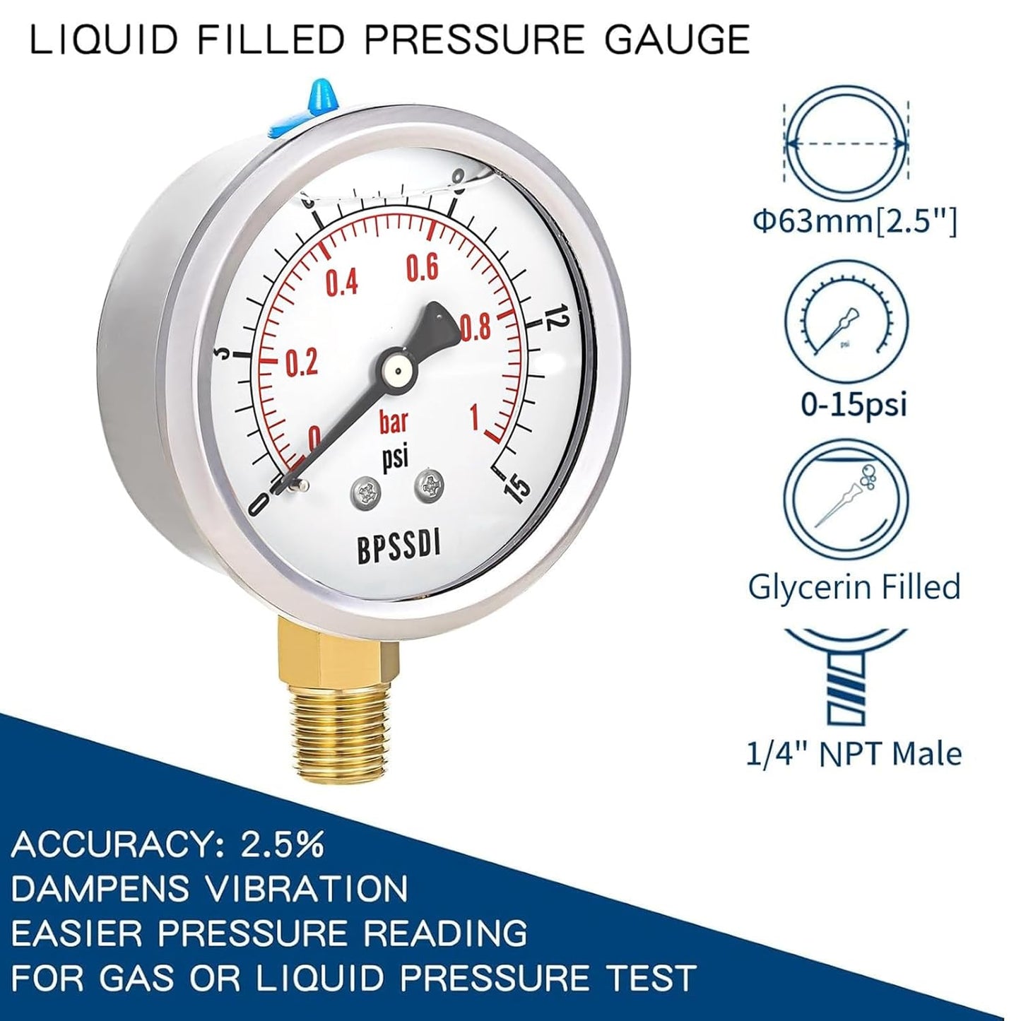 0-15 Psi Glycerin Liquid Filled Low Pressure Gauge, 2.5" Dial Size, 1/4" NPT Lower Mount, 304 Stainless Steel Case, for Water Pipe, HVAC, Water Oil Air Pressure Test