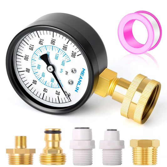 MEANLIN MEASURE 0~200Psi 3/4" Female Water Pressure kit Plus 5 adapters, 2.5" FACE DIAL Multi-Purpose Pressure Gauge kit, Hydraulic Tester,Suitable for Gardens, Water Pipes, etc