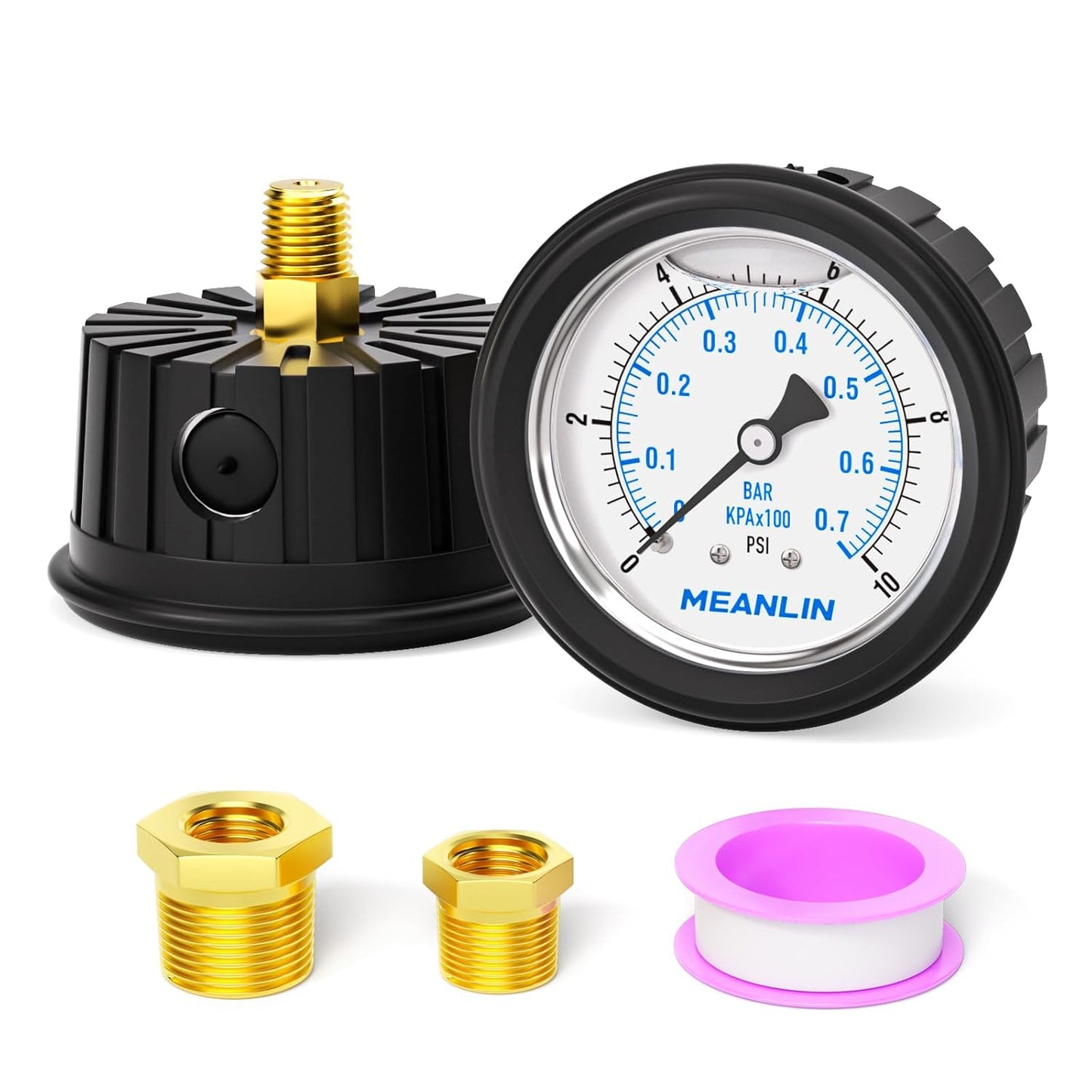 MEANLIN MEASURE 0~10Psi Stainless Steel 1/4" NPT 2.5" FACE DIAL Liquid Filled Pressure Gauge, Center Back Mount (with Rubber Protective Sleeve), with 1/2" NPT and 3/8" NPT Hex Bushing