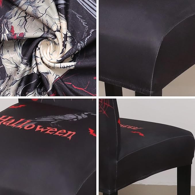 JQinHome Black Halloween Chair Slipcover,Skull Chair Covers Set of 4, High Stretch Washable Chair Protector Cover for Dining Room, Kitchen,Home Party,Wedding Ceremony(Skull Black,4PC)