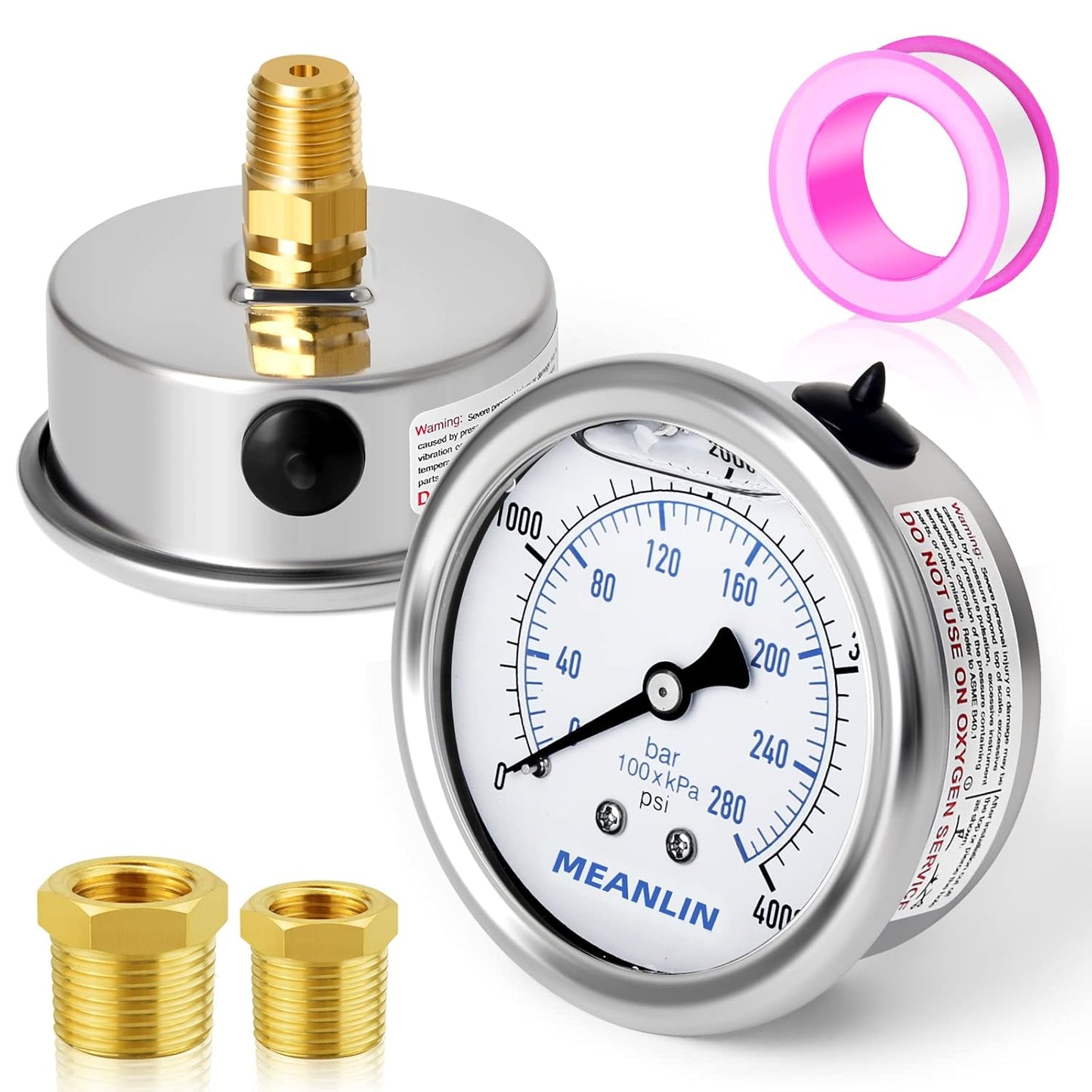 MEANLIN MEASURE 0~4000Psi Stainless Steel 1/4" NPT 2.5" FACE DIAL Liquid Filled Pressure Gauge WOG Water Oil Air Center Back Mount, with 1/4" x 1/2" NPT and 1/4" x 3/8" NPT Hex Bushing