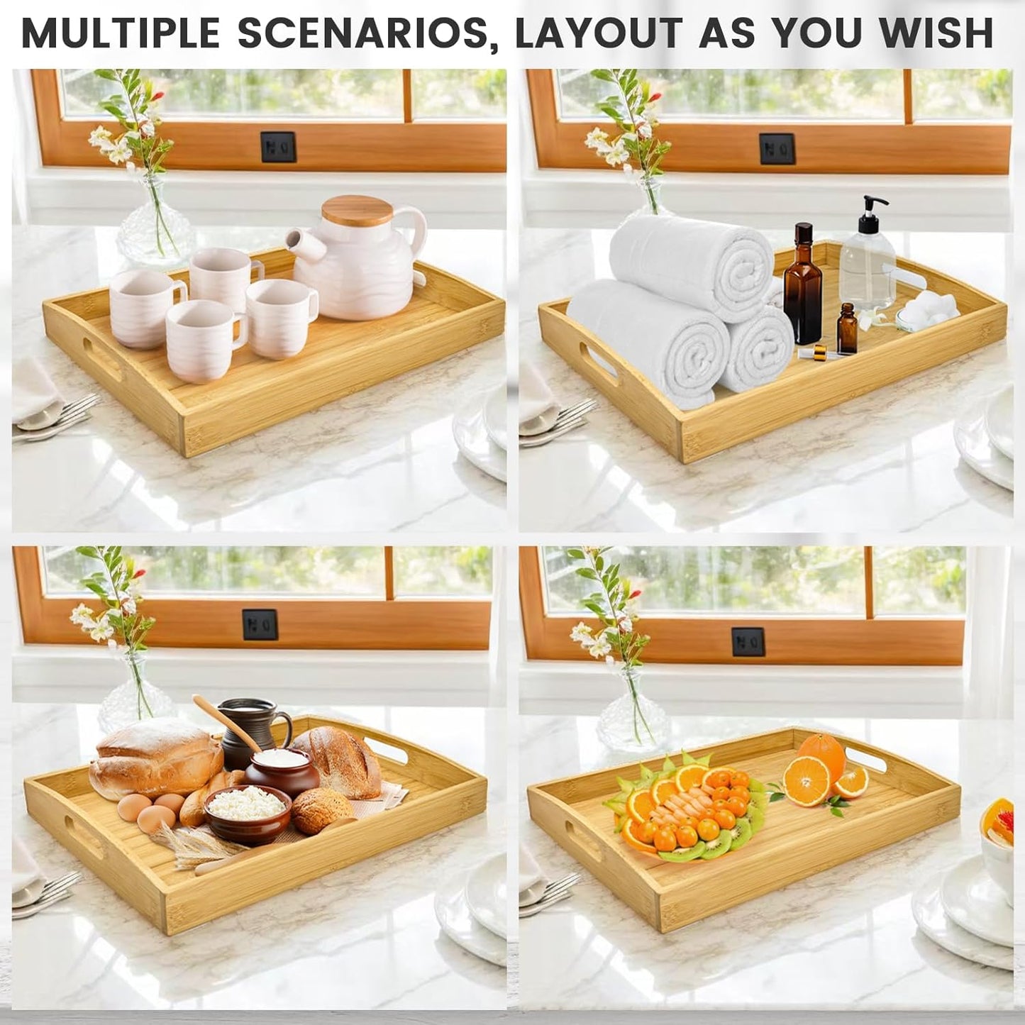Bamboo Serving Tray with Handles Set of 3 - Decorative Wooden Trays for Eating, Working, and Storing, Suitable for Use in Bedroom, Living Room, Kitchen, Bathroom, Outdoor Scenarios and More