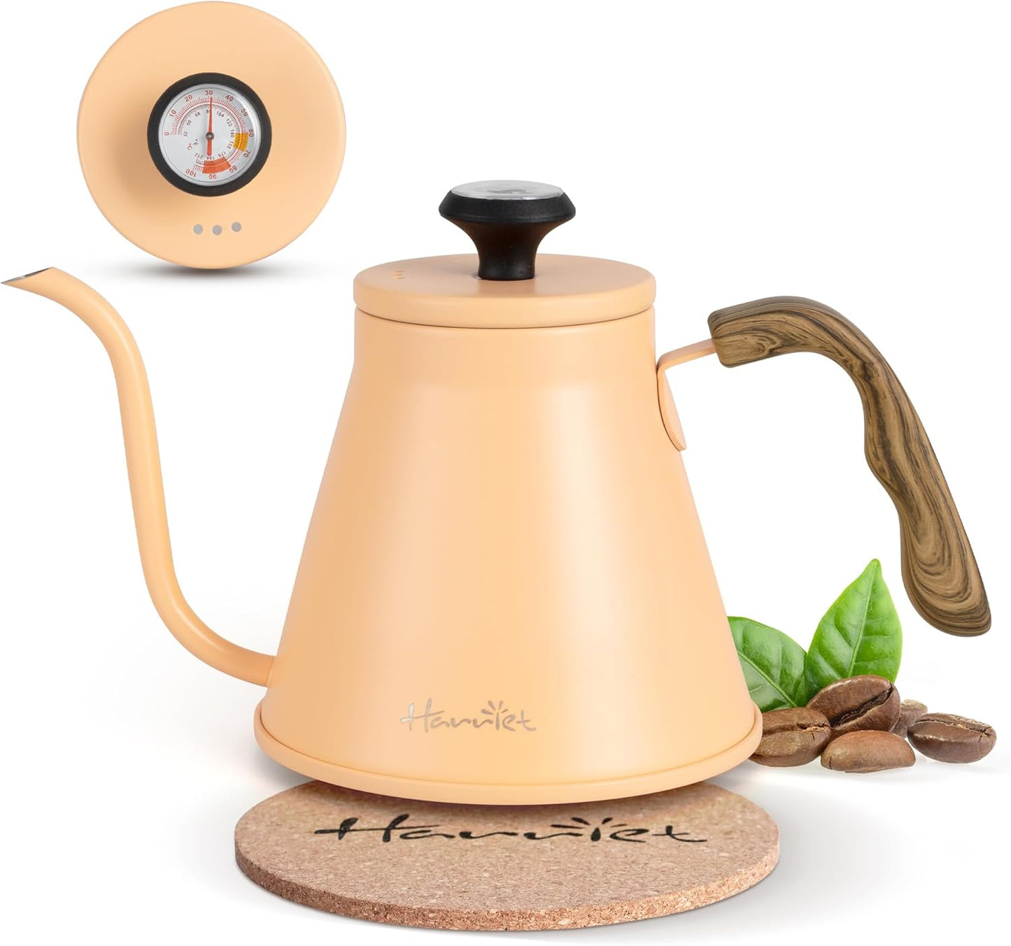 Harriet Gooseneck Kettle with Thermometer for Pour Over Coffee and Tea, 37 fl oz, Stainless Steel, Durable 3-Layer Base, Ideal Spout for Precision Pouring, Compatible with all Stove Tops, Peach
