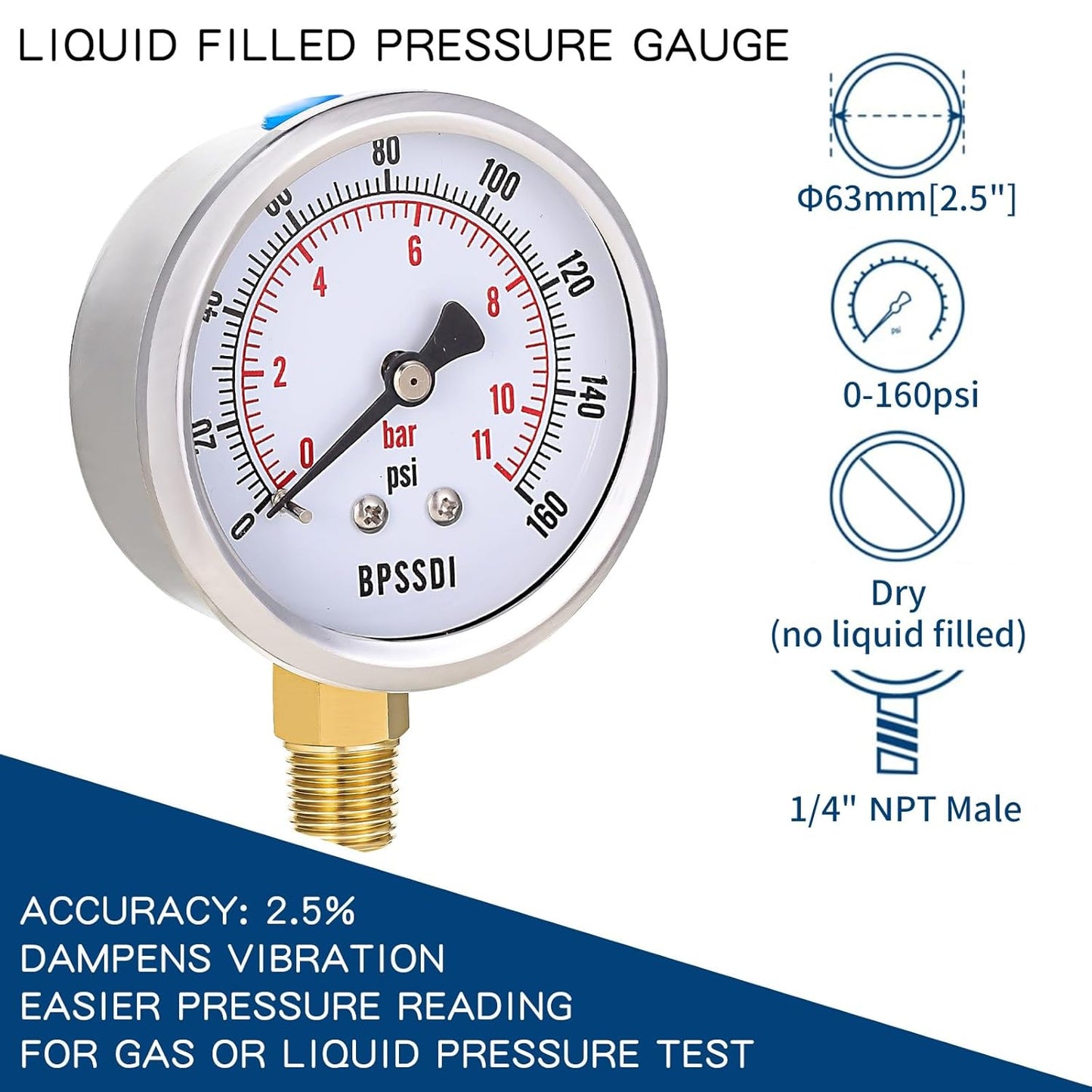0-160 Psi Pressure Gauge, 2.5" Dial Size, 1/4" NPT Lower Mount, 304 Stainless Steel Case, Water Pressure Gauge Test for Water Pump, Pneumatic Air, RV Hose, Tank, Well Pump(with Tape)
