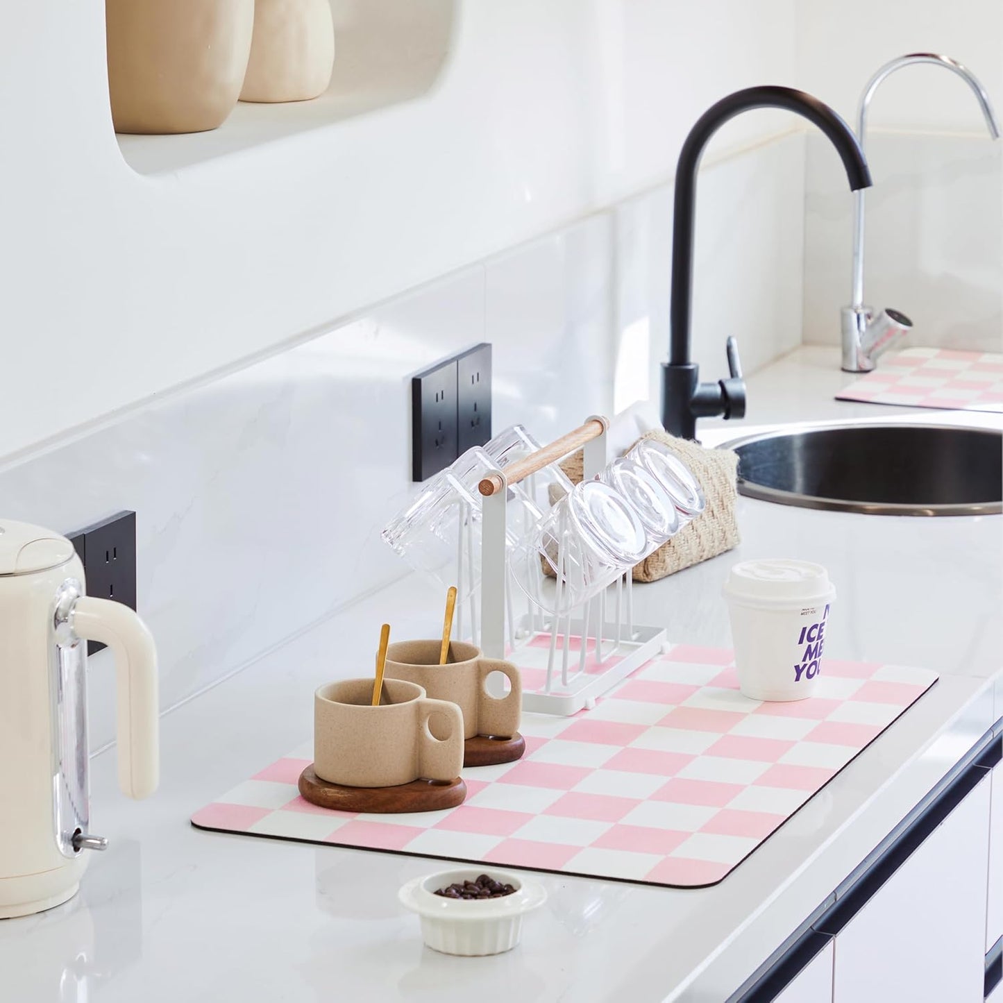 Checkered Dish Drying Mat for Kitchen Counter, Coffee Bar Station Accessories, Retro Cute Aesthetic Girly Women Modern Absorbent Drainer Mat Kitchen Drying Mat Easy Clean, Pink 16" x 24"