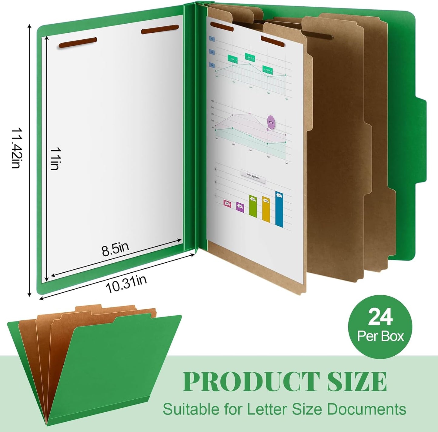 24 Pcs Classification Folders Letter Size, Back to School Supply for Teacher, Student, 3 Dividers Pressboard File Folder Bulk with 2 Fasteners, 3.5 Inch Expanding File Organizer (Green)