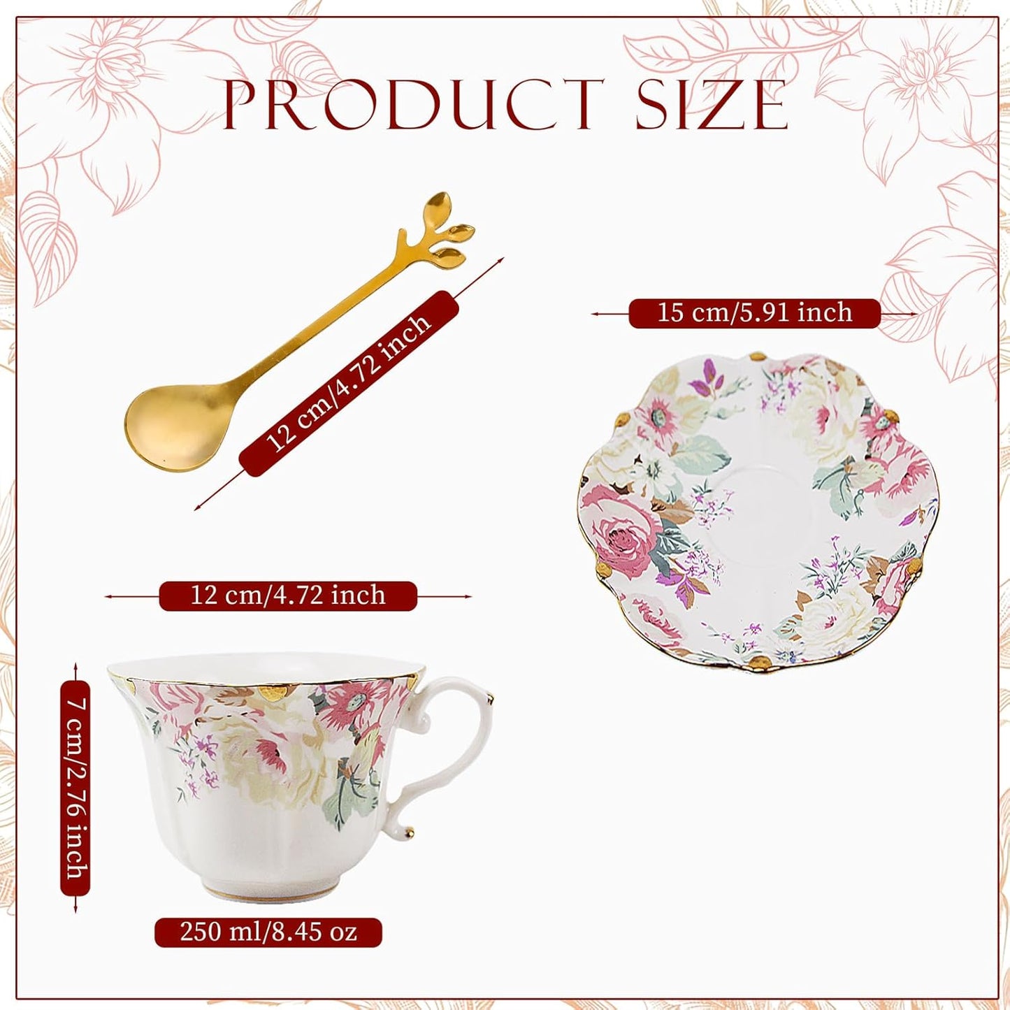 TATSUMI Country Roses 18 Peices Bone China Tea Cup And Saucer Set, English Vintage Tea Cups Of 6 For Women And Tea Party Sets(Pink,6 sets)