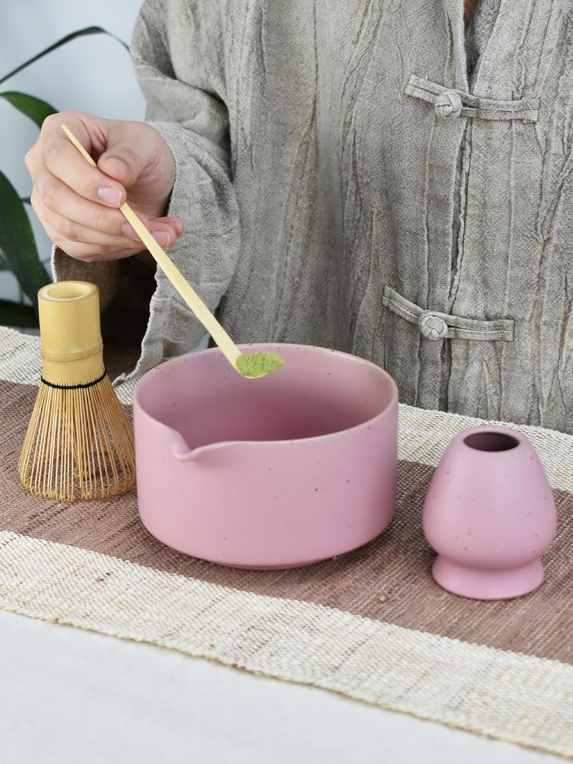 Artcome Matte Pink Matcha Bowl Set with Spout – Handmade Ceramic Chawan, Bamboo Whisk, Whisk Holder, Tea Scoop, and Matcha Manual – Japanese Tea Ceremony Set for Matcha Lovers