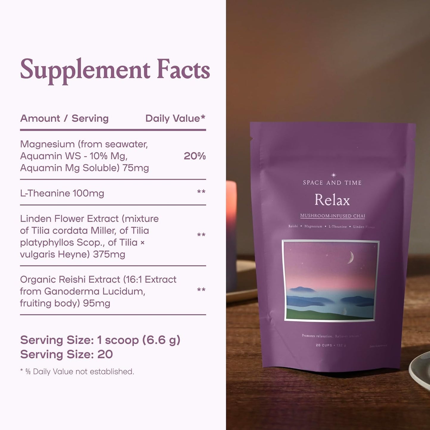 SPACE AND TIME Relax - Mushroom Chai Tea - 20 Cups of Calm & Relaxation - Mushroom Tea with Reishi, Magnesium & L-Theanine