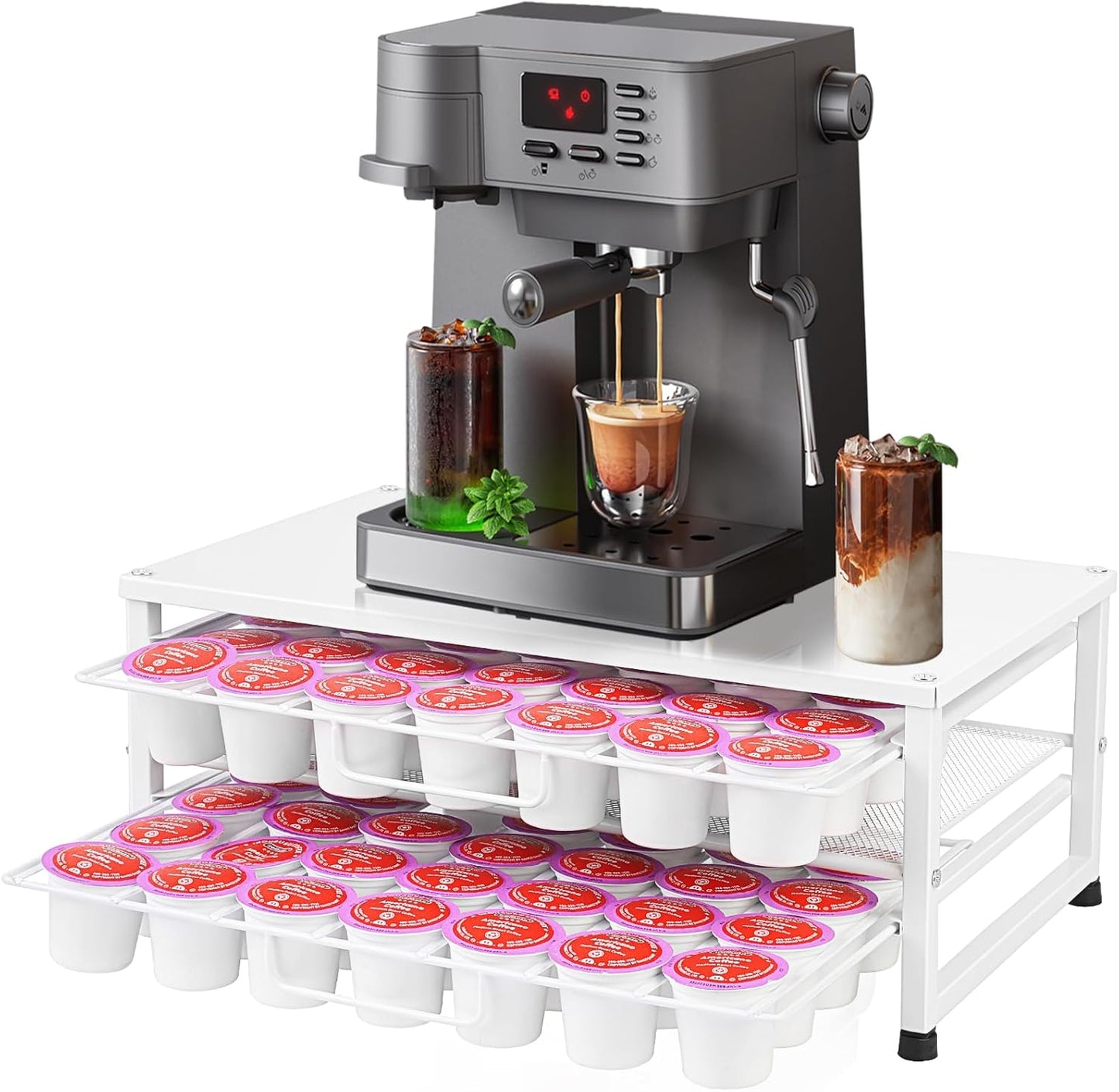 K Cup Holder Organizer for 70 Pods, 2-Tier Coffee Pod Holder for K-Cup with 2 Sliding Storage Drawers, Coffee Station Bar Organizer Accessories for Kitchen Countertop Home Office, White