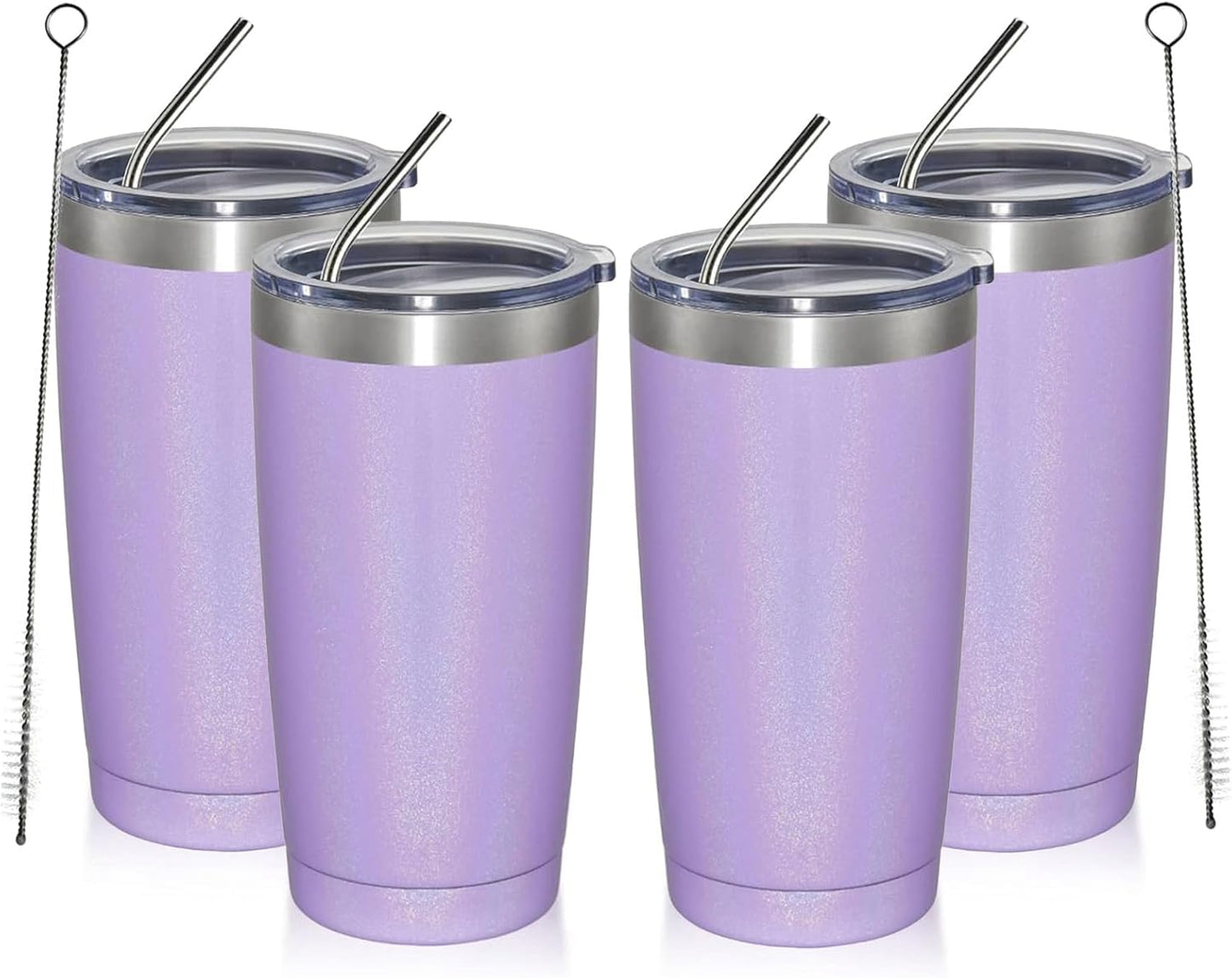 MEWAY 20oz Tumbler 4 Pack Double Wall Vacuum Insulated Travel Glitter Mug Bulk, Stainless Steel Tumblers with Lid and Straw, Powder Coated Coffee Cups for Woman(Rainbow Purple,Set of 4)