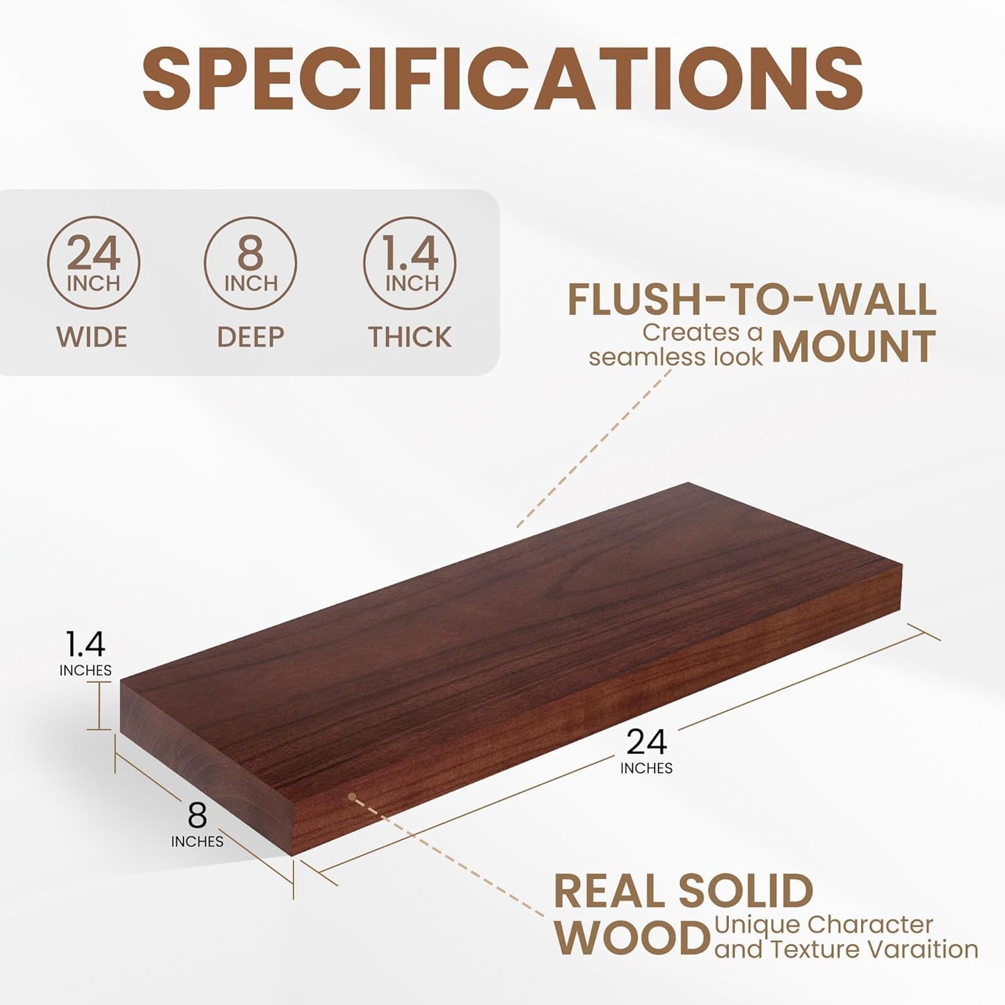 Fun Memories Rustic Floating Shelves for Home Decor, 8 Inch Deep Floating Shelf, Solid Wood Floating Wall Shelves 24 Inch Long, Deep Wall Shelves for Bathroom, Living Room, Walnut Finsh, Set of 2