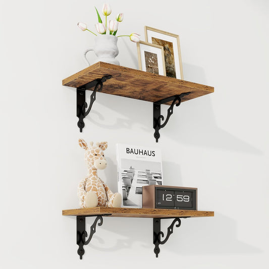 RICHFOCUS Floating Shelves for Wall Decor, 8 Inch Deep Floating Shelves Set of 2, 16W x 8D Shelves Wall Mounted with Metal Brackets, Wood Shelves for Living Room Bedroom Kitchen, Rustic Brown