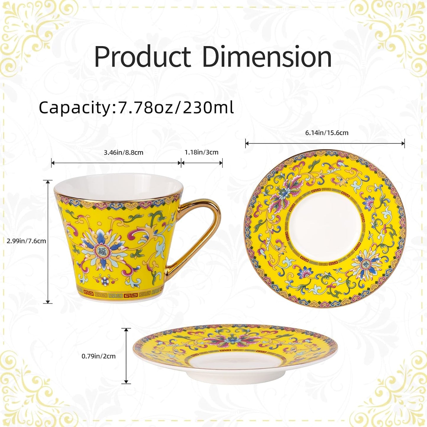 KAMMAK Tea Cups and Saucers Set of 2, Porcelain Coffee Cups with Saucer for Espresso, Cappuccino, 9oz Vintage Noble Yellow Ceramic Demitasse Mug for Home, Tea Party, Office