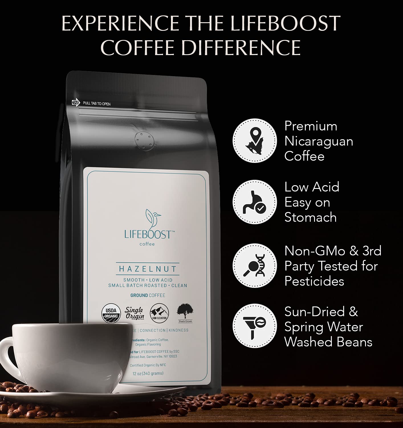 Lifeboost Hazelnut Ground Coffee – Organic, Low Acid, Non-GMO Hazelnut Flavored Coffee – Single Origin, Mold-Free Mycotoxin Tested Coffee, 12 oz