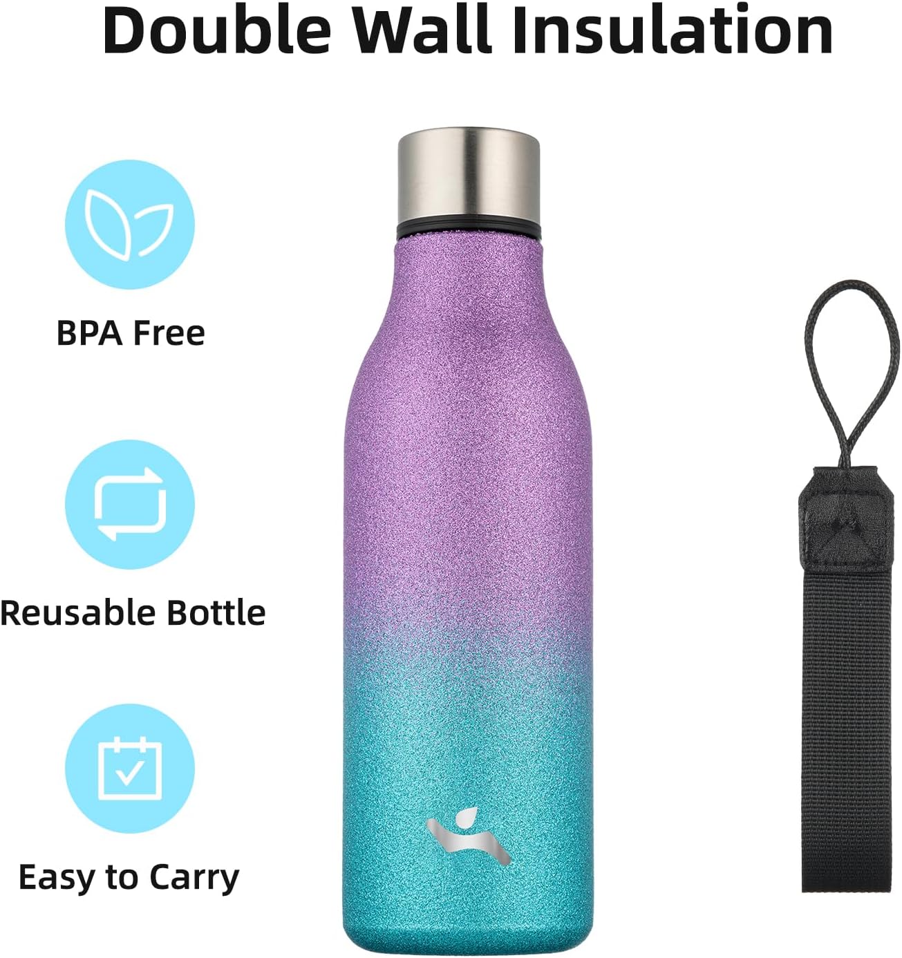 Insulated Water Bottle with Strap,18 oz Double Wall Stainless Steel Vacuum Bottles Metal Water Flask,Sparkling Purple Green