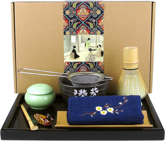 Artcome Japanese Matcha Tea Set, Matcha Whisk, Traditional Scoop, Matcha Bowl, Black Bamboo Tray, Ceramic Whisk Holder, Matcha Caddy, Handmade Matcha Ceremony Kit For Japanese Tea Ceremony (10Pcs)