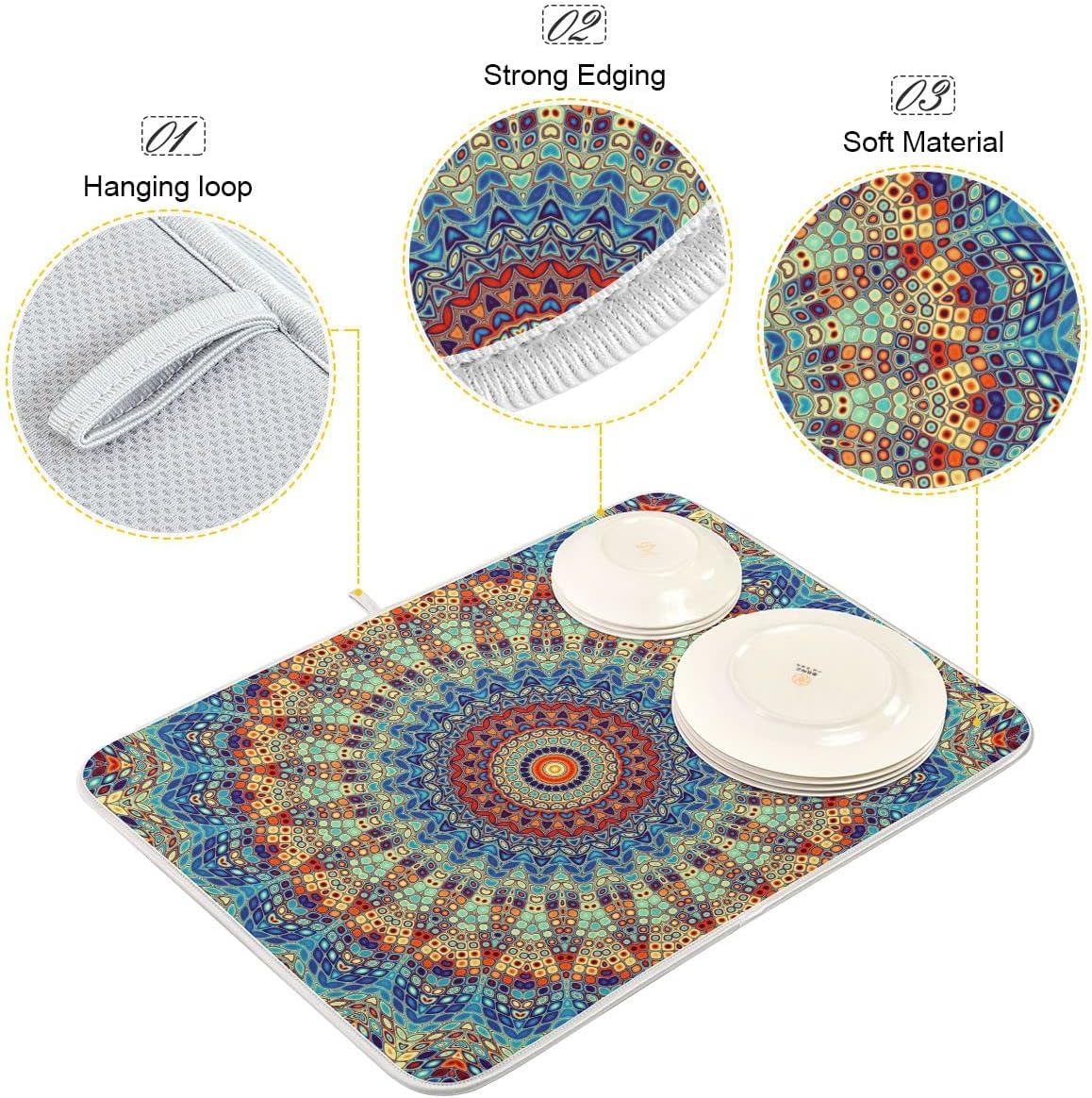 Bohemian Mandala Dish Drying Mat for Kitchen Counter Boho Ethnic Drying Mat 16 x 18 Inch with High Absorbent Reversible Microfiber Dish Drying Pad Dish Rack Pad Drainer Mat for Coffee Bar