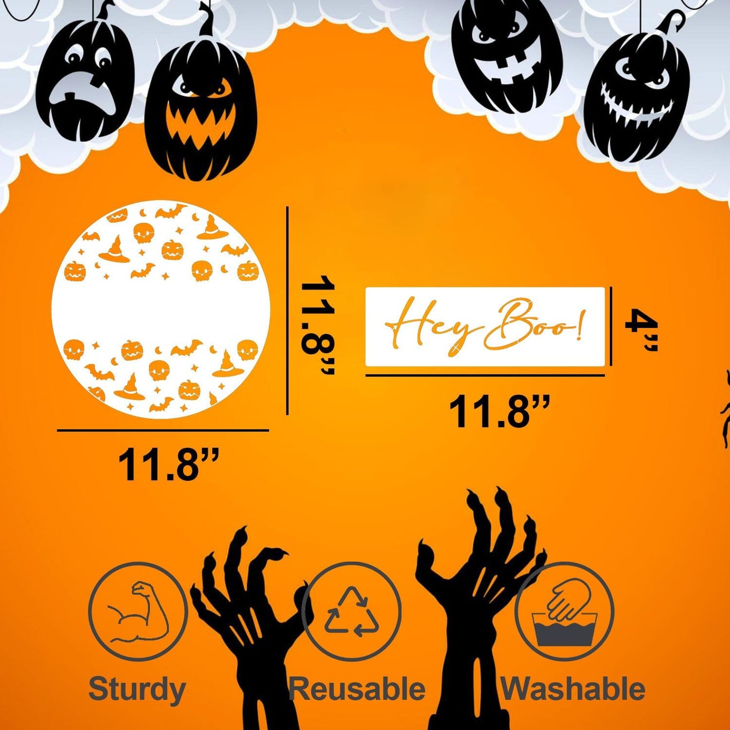 Halloween Stencils for Painting 12inch Large Reusable Halloween Stencil for Door Hanger Round Skeleton Ghost Boo Templates for Wood Walls Windows Door Mat Fabric