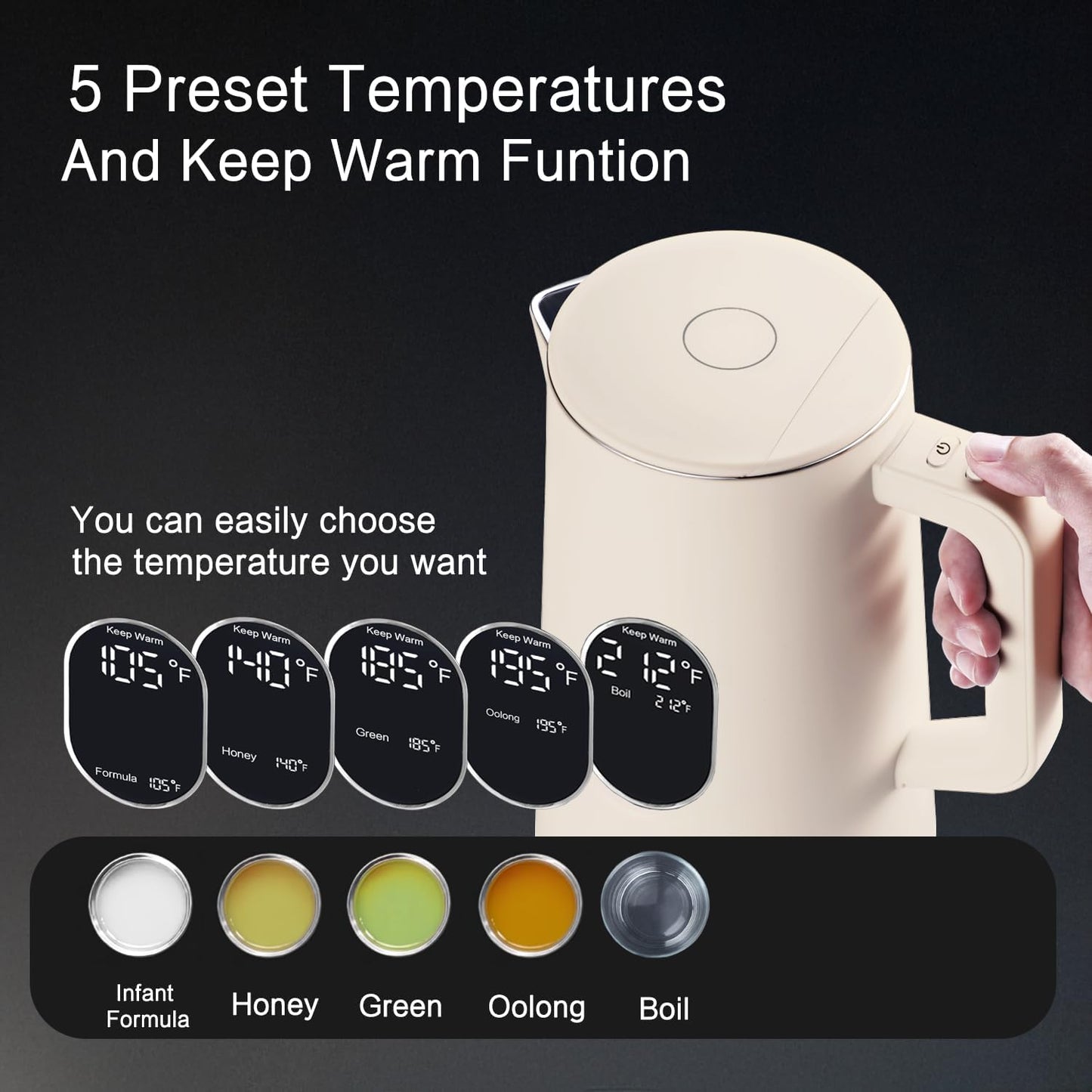 1.5L Electric Kettle Stainless Steel, Double Wall Cool Touch Teapot, Fast Boil,5 Temperature Control, LED Display, Auto Shut-Off,Keep Warm Function,Cream White